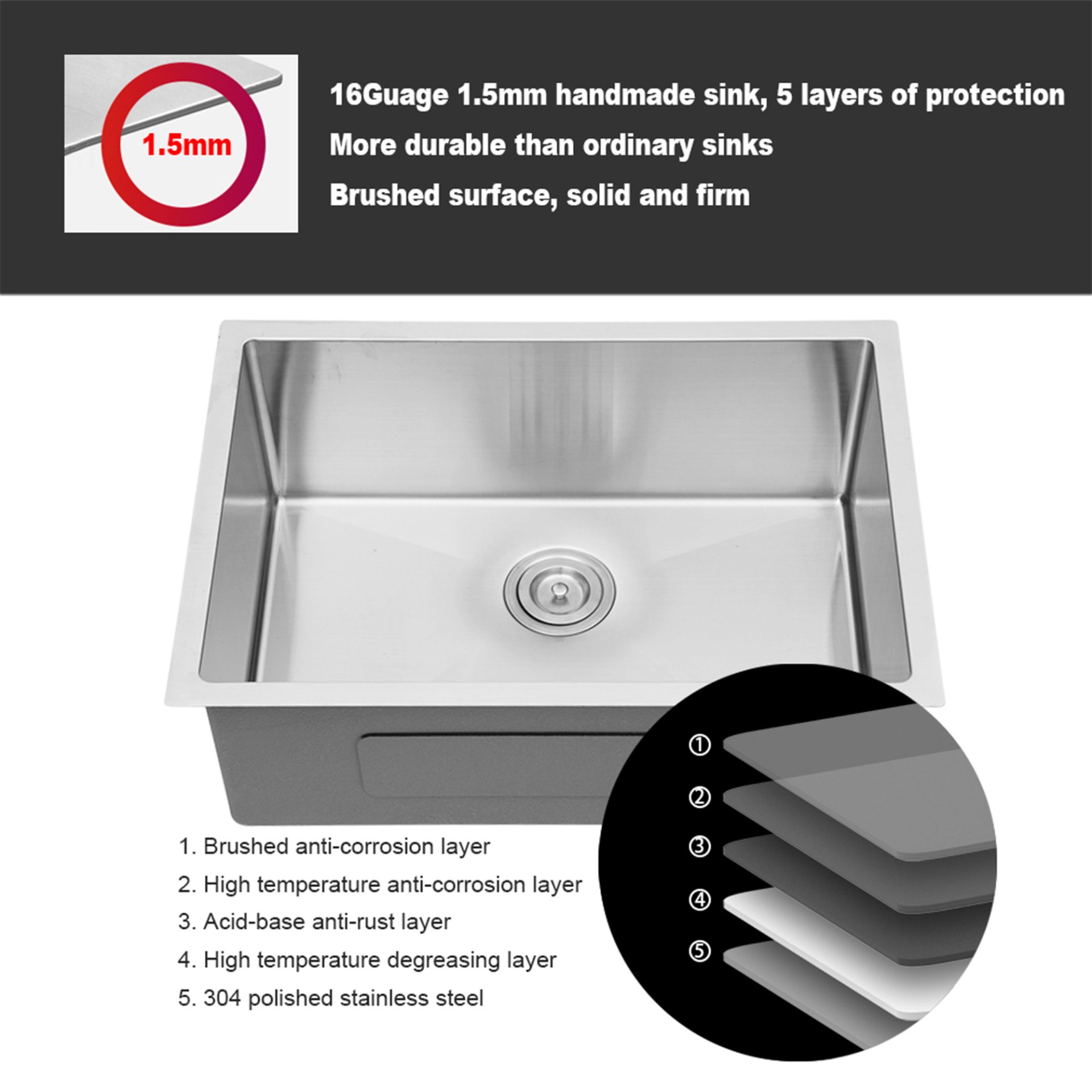 26" Undermount Stainless Steel Kitchen Sink 16 Gauge, 10" Deep Single Bowl - Brushed Nickel - Image 5