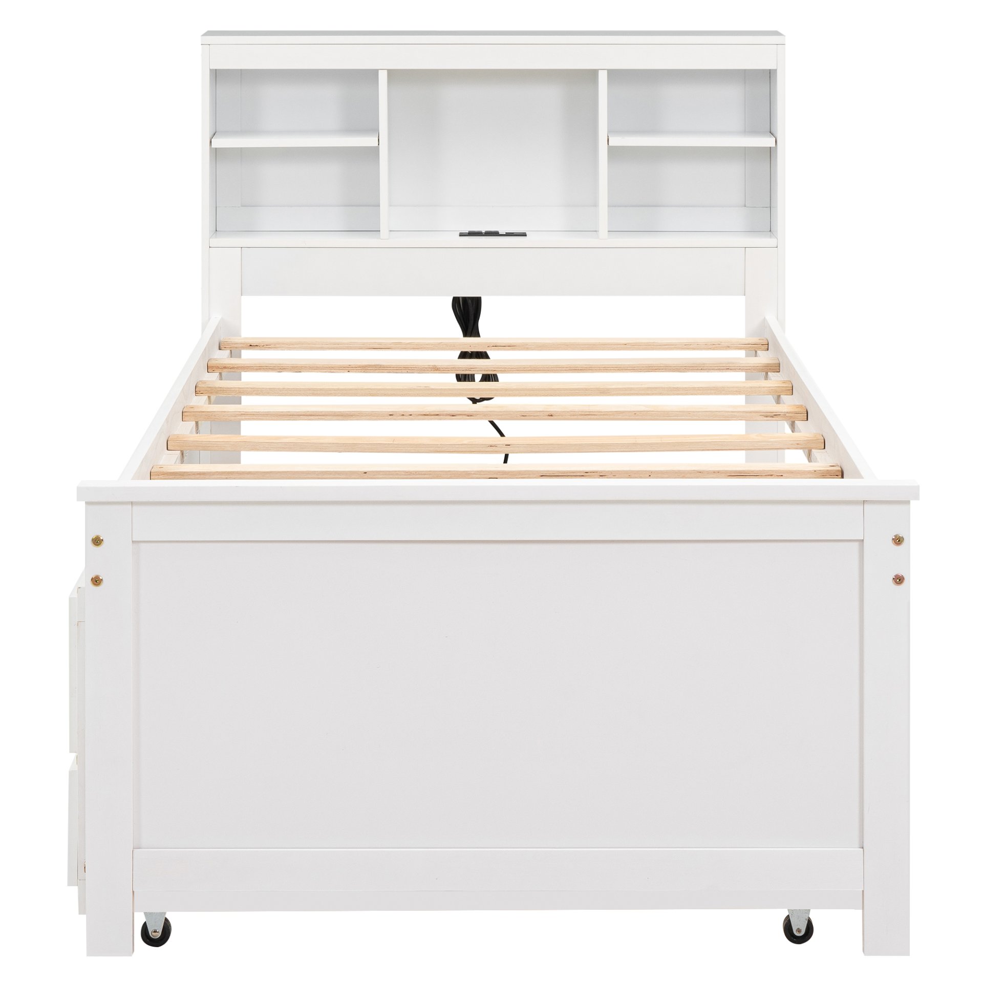 Twin Size Platform Bed With Storage Headboard, USB, Trundle And 3 Drawers - White - Image 13