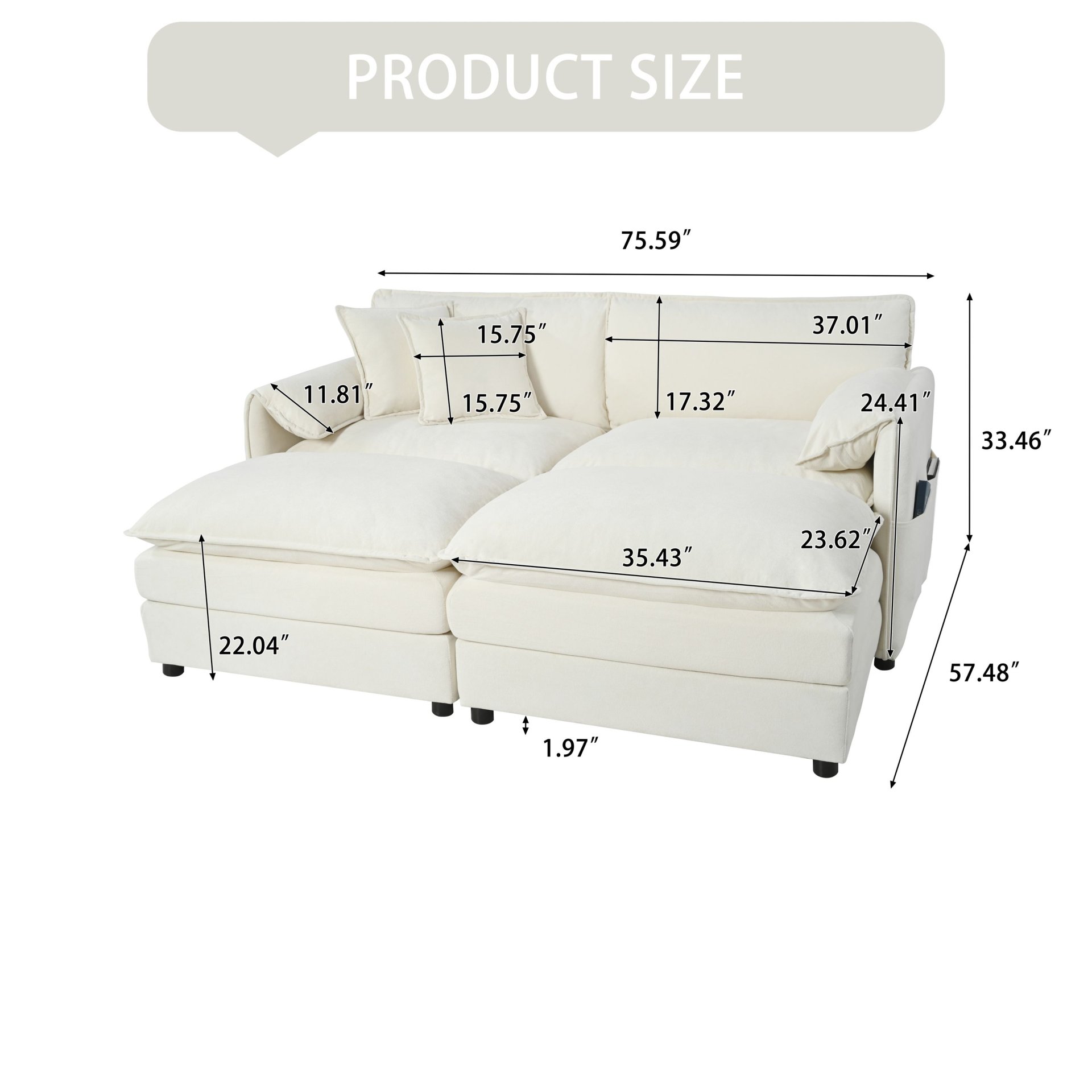 Deep Seat Sectional Cloud Sofa With 2 Ottomans & Soft Pillows, Modular Loveseat For Living Room - Beige Chenille 75.59X57.48X33.46 Inches - Image 20