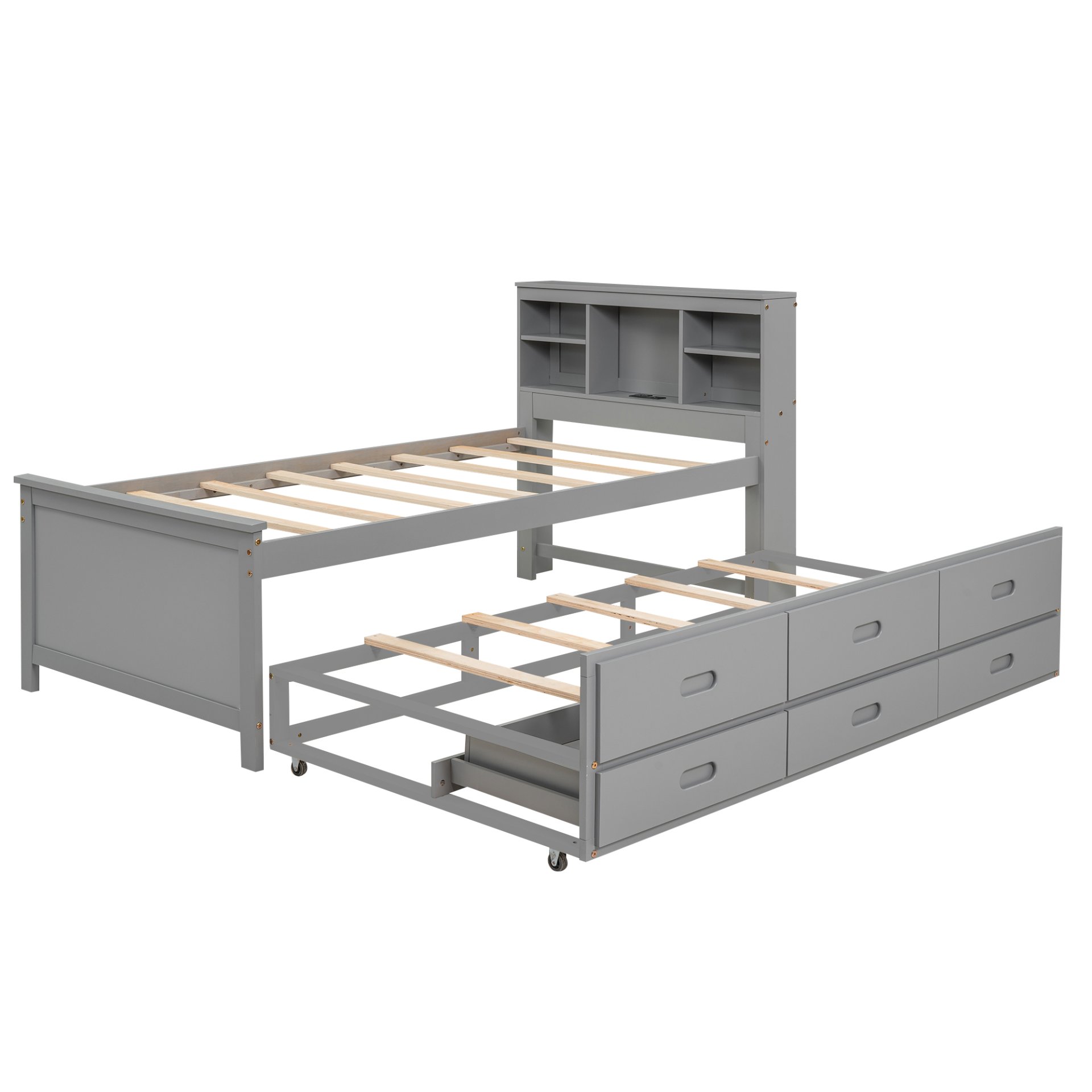 Twin Size Platform Bed With Storage Headboard, USB, Trundle And 3 Drawers - Gray - Image 16