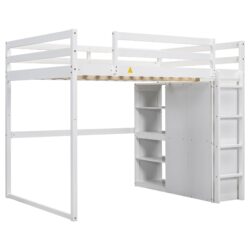 Full Size Loft Bed With Built In Wardrobe, Storage Shelves, And LED Light - White