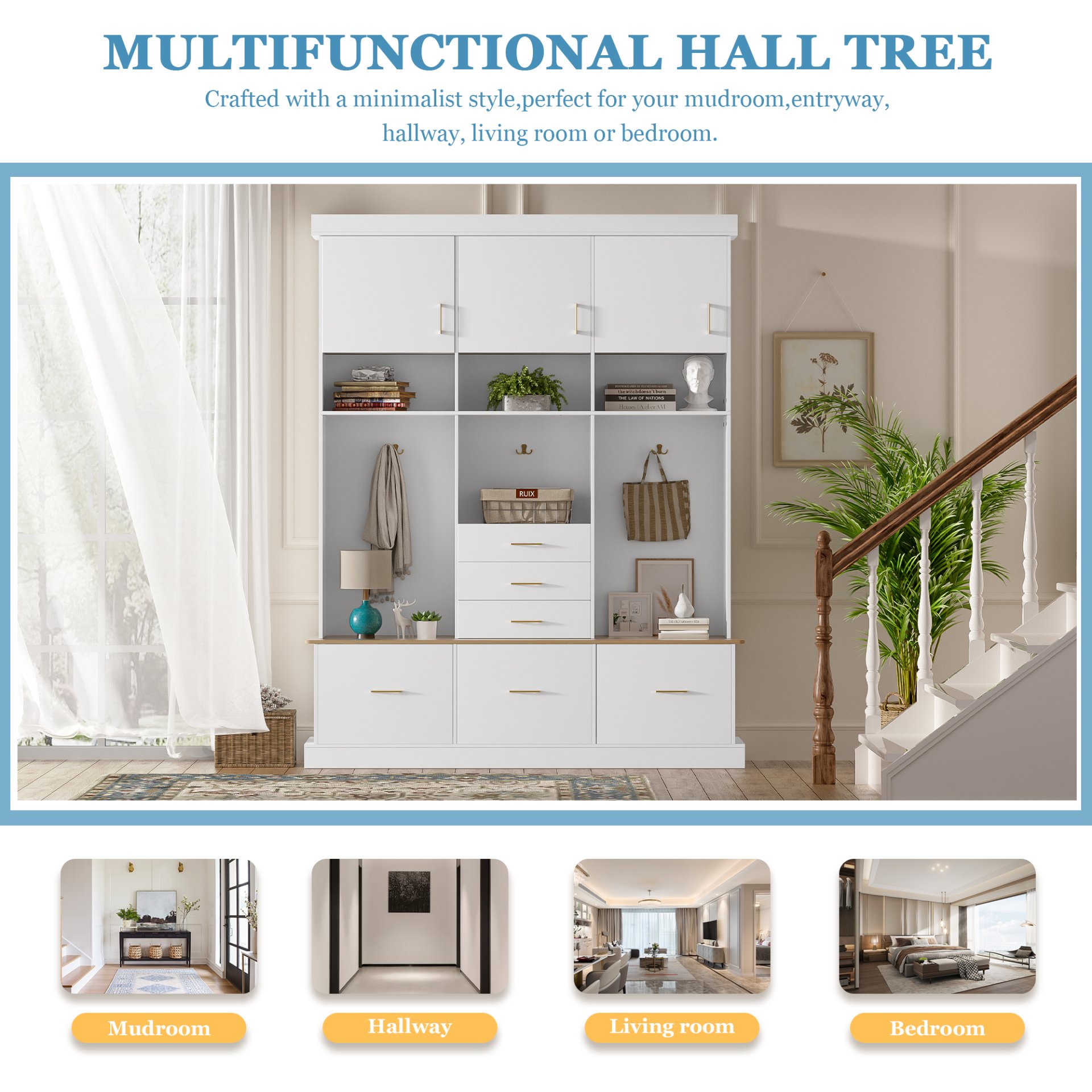 Entryway Hall Tree With Bench And Storage, 5 In 1 Coat Rack, 6 Drawers, 3 Cabinets And 3 Tier Top Storage - White - Image 7