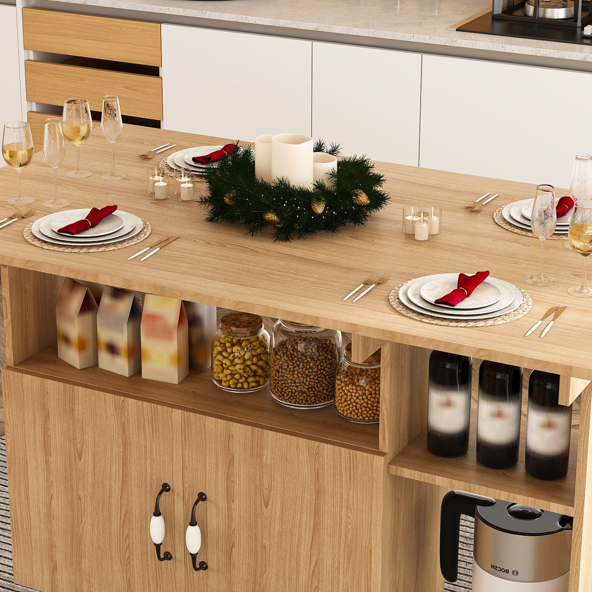 Multifunctional Folding Table With Storage Shelves And Wheels, Compact Desk For Kitchen - Walnut - Image 6