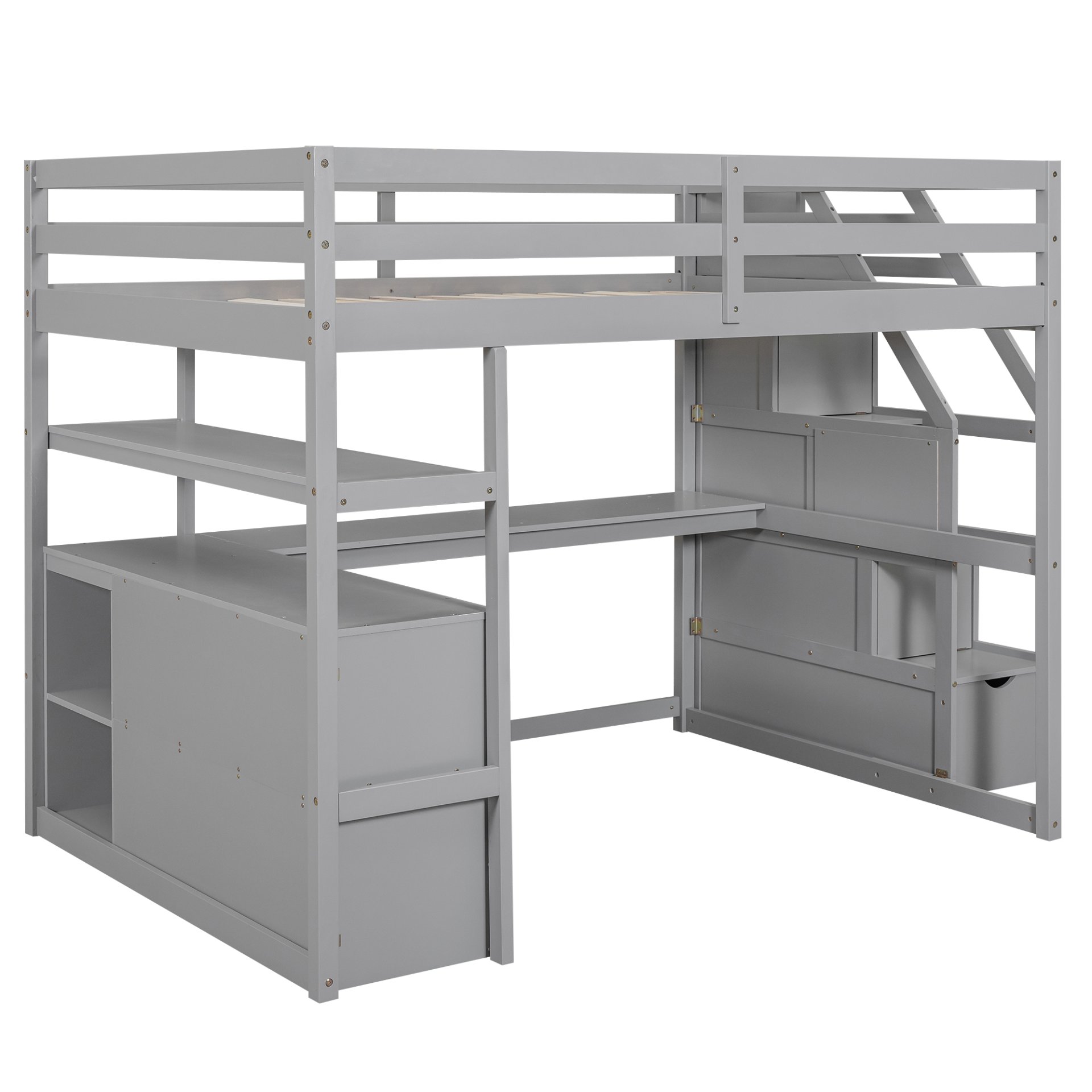 Full Size Loft Bed With Desk, Shelves, 2 Drawers, Storage Staircase - Gray - Image 7