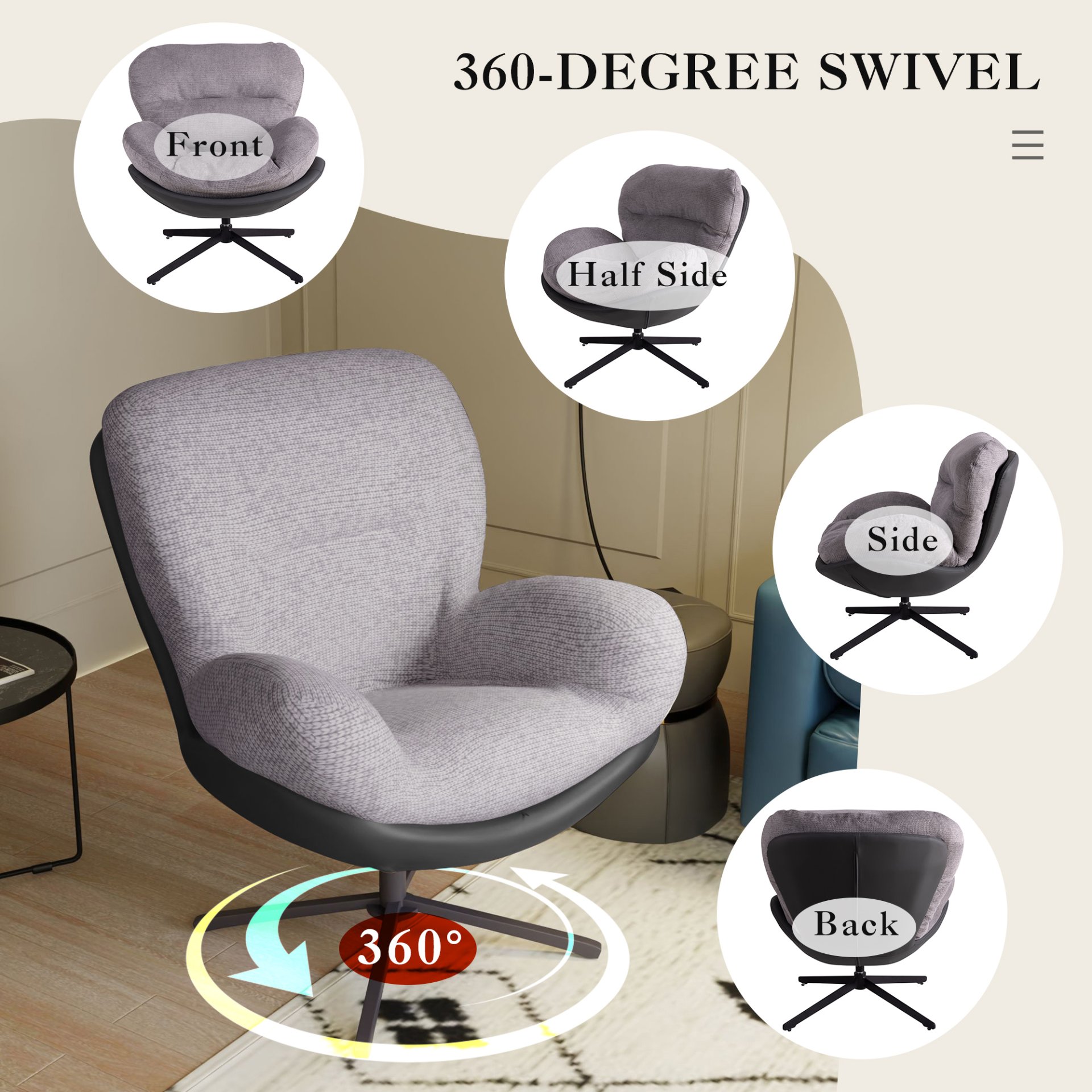 360° Swivel Office Chair, Modern Chenille Chair With And Metal Base Frame, No Wheels, Accent Chair - Gray - Image 9