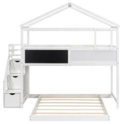 House Style Twin Over Full Bunk Bed With Storage Staircase And Blackboard - White