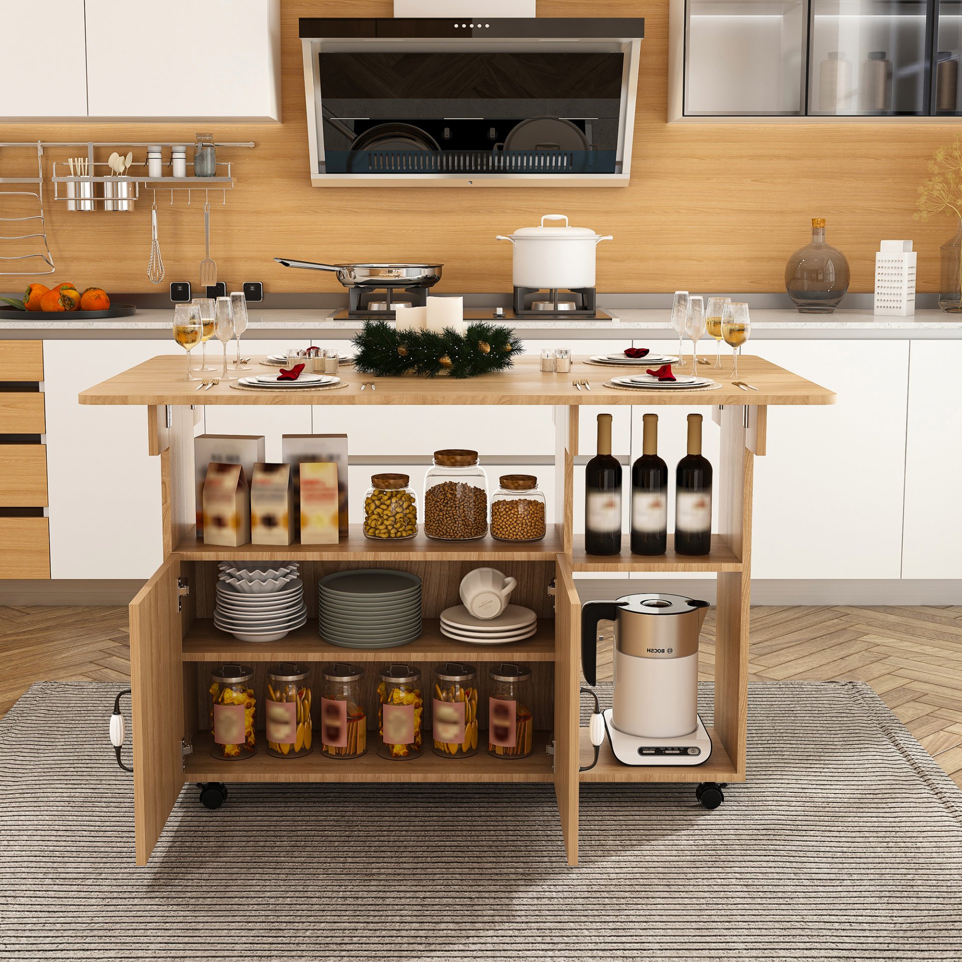 Multifunctional Folding Table With Storage Shelves And Wheels, Compact Desk For Kitchen - Walnut - Image 10