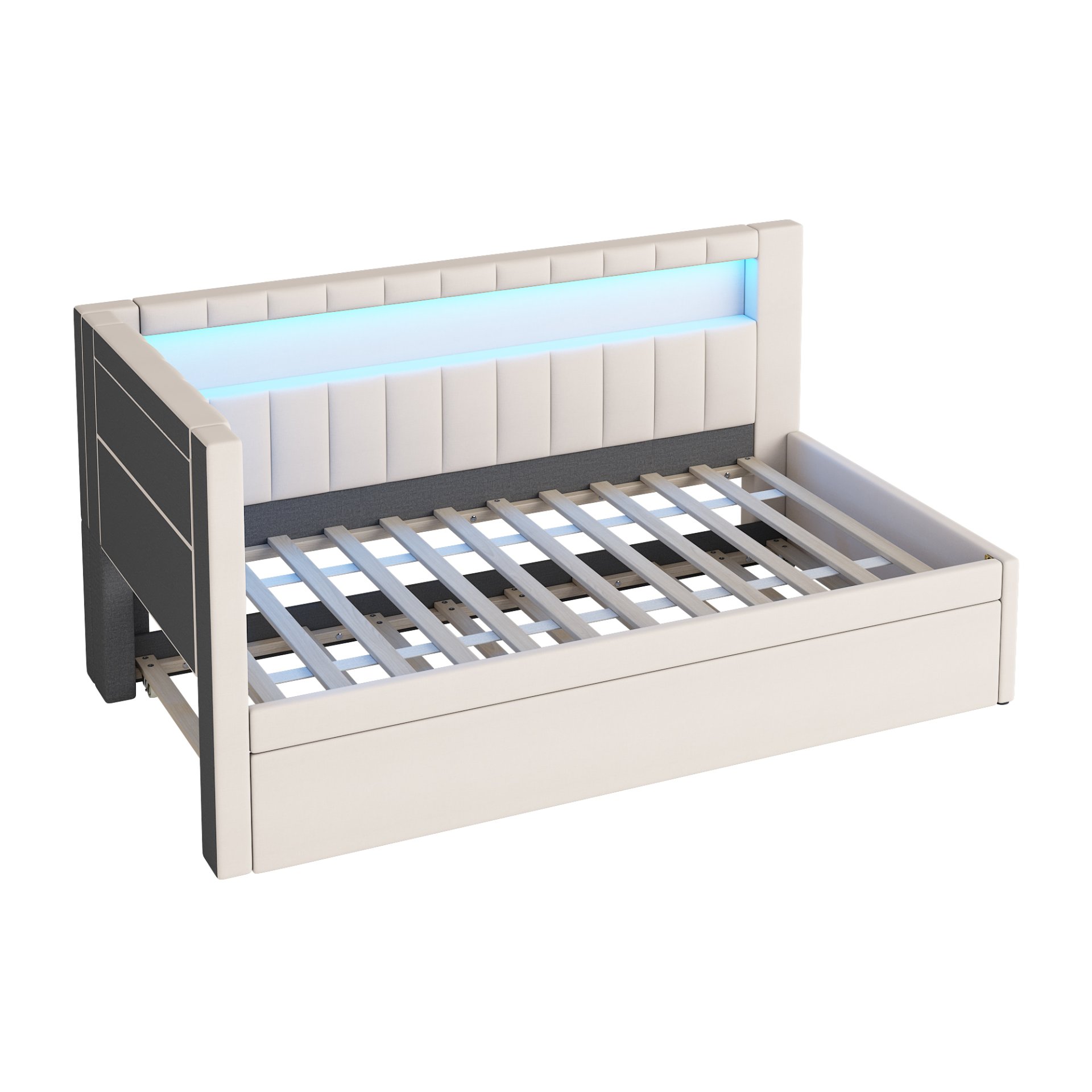 Twin Upholstered Platform Bed With USB Ports And LED Belt, Includes Trundle - White - Image 10