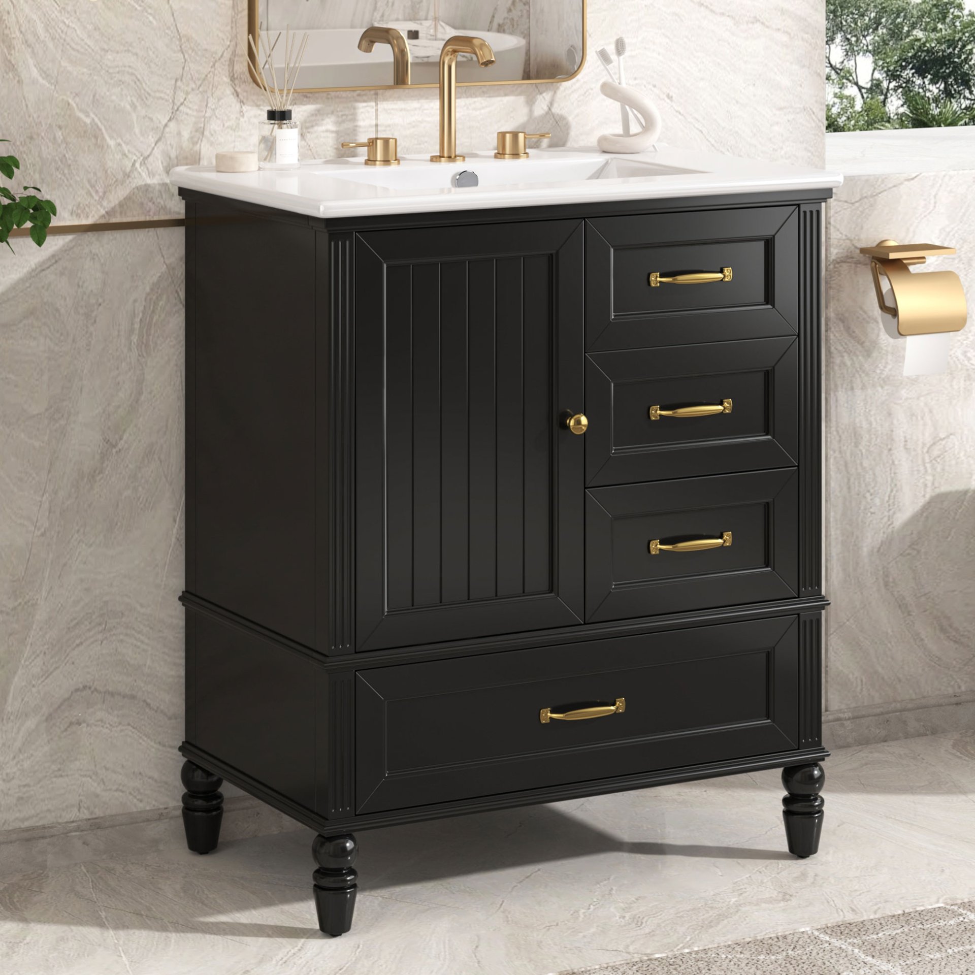 30" Bathroom Vanity With Sink, Cabinet With Door & 3 Drawers - Black - Image 2