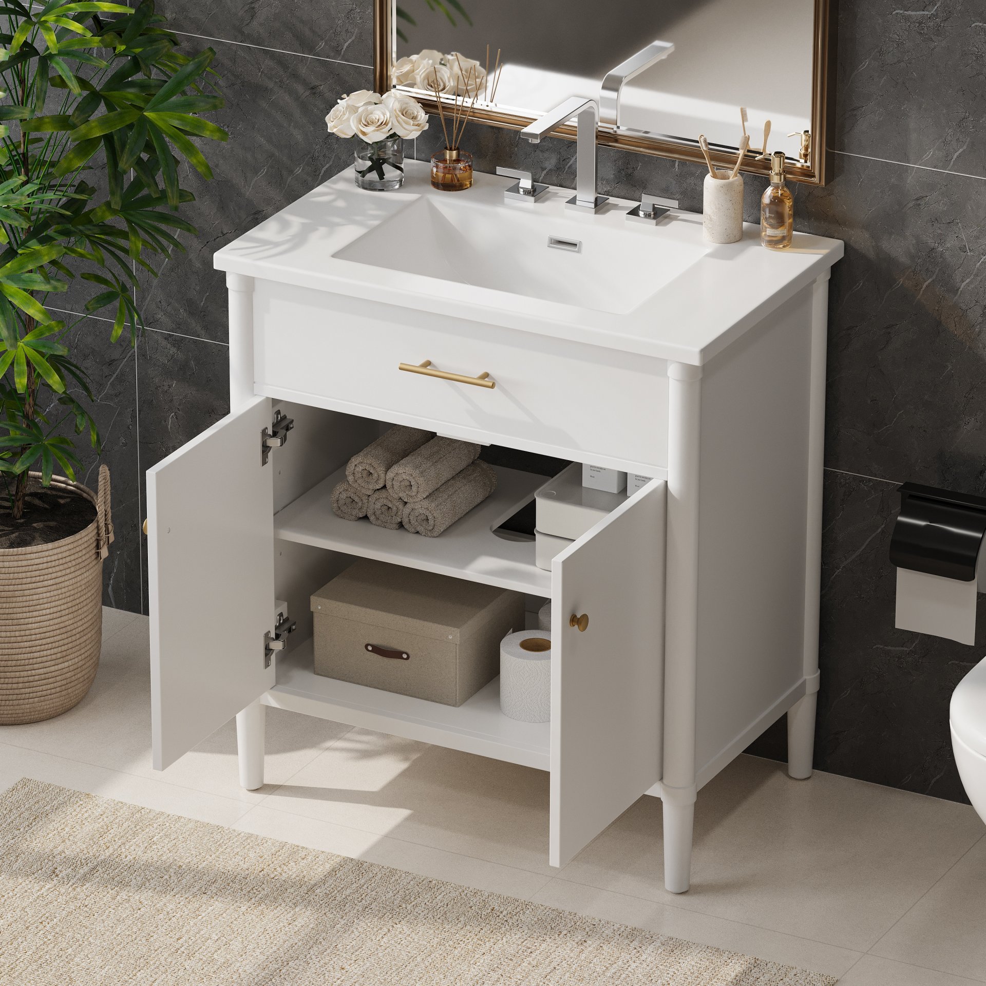 Bathroom Vanity With Sink, Soft Close Doors And Adjustable Shelf, Curved Profile Design - White - Image 5