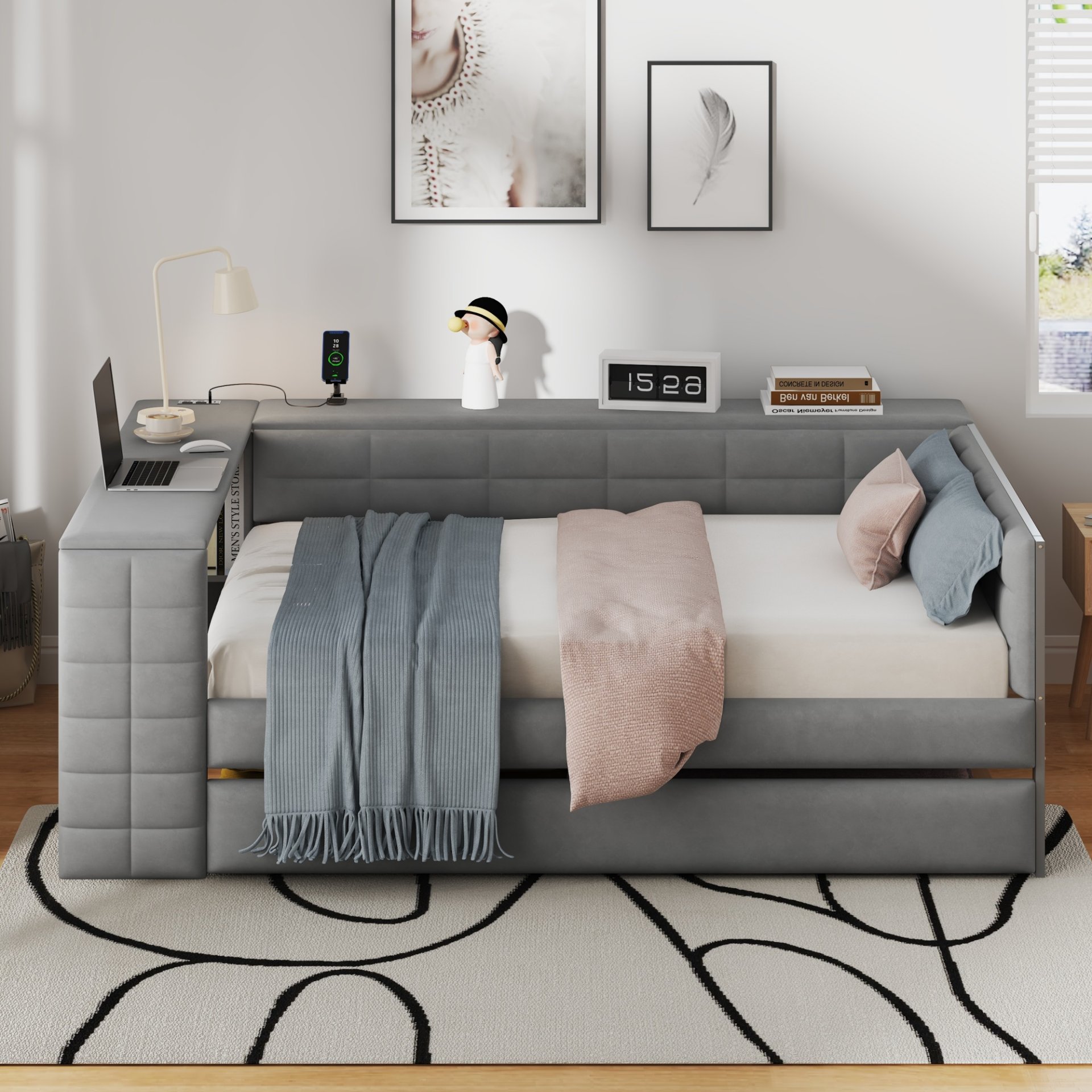 Upholstered Full Size Platform Bed With Storage Shelves, Desk, Charging Station And Trundle - Gray - Image 5
