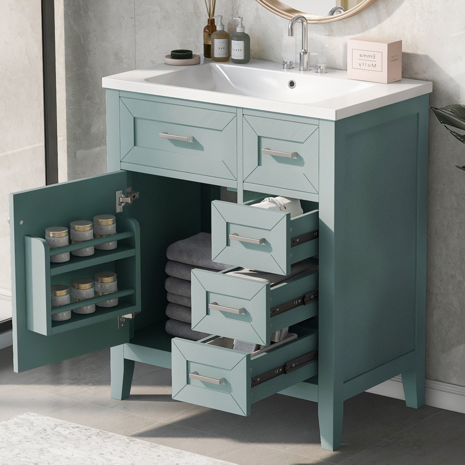 30" Bathroom Vanity With Sink Combo, Bathroom Cabinet With Drawers - Green - Image 2