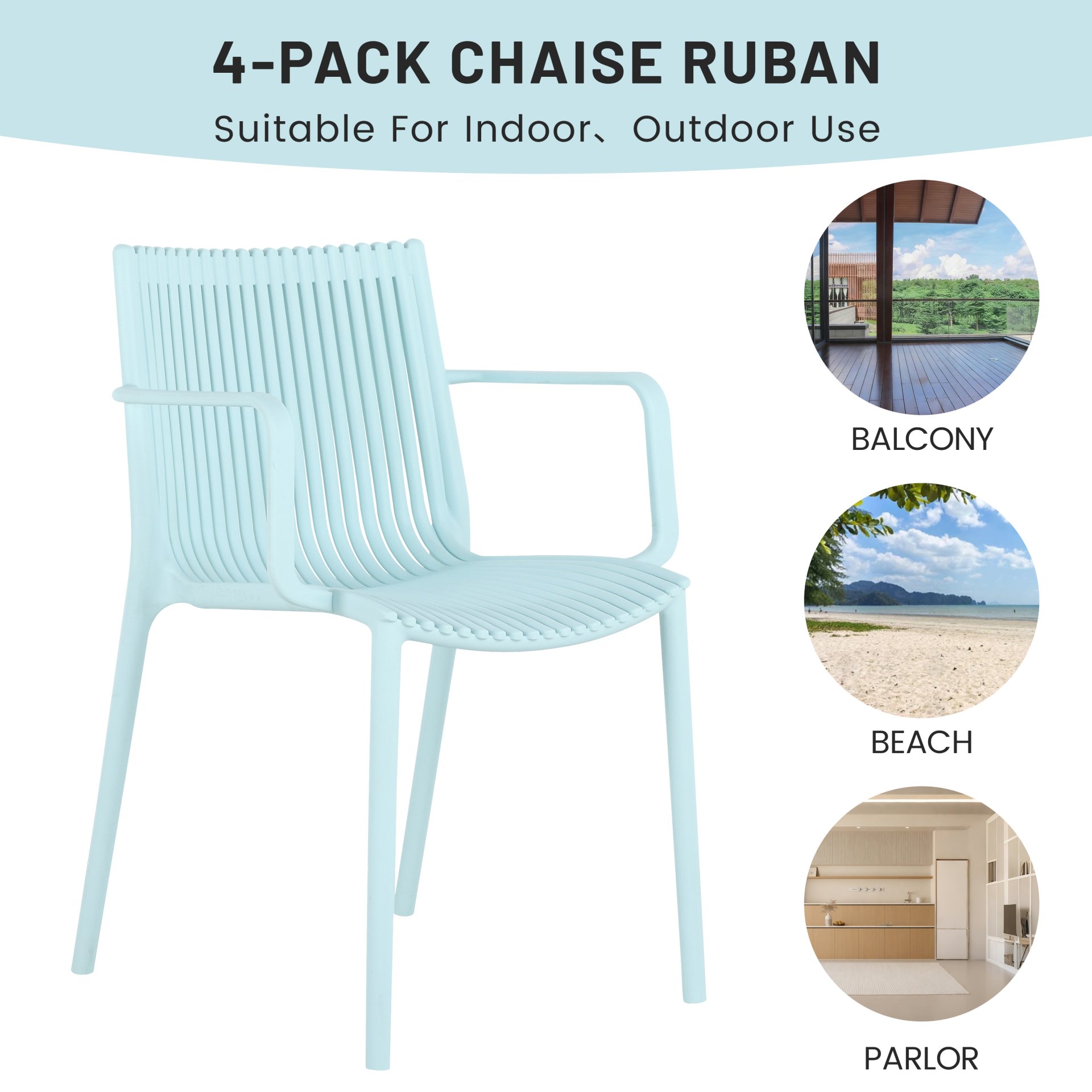 4 Piece Stackable Single Chairs With Vertical Stripe Design For All Weather - Light Blue - Image 8
