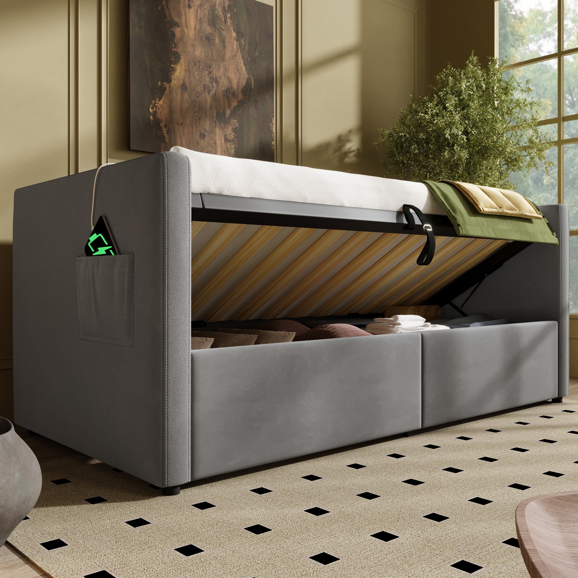 Twin Size Upholstered Hydraulic Storage Daybed With USB & Type C Charging - Gray - Image 13