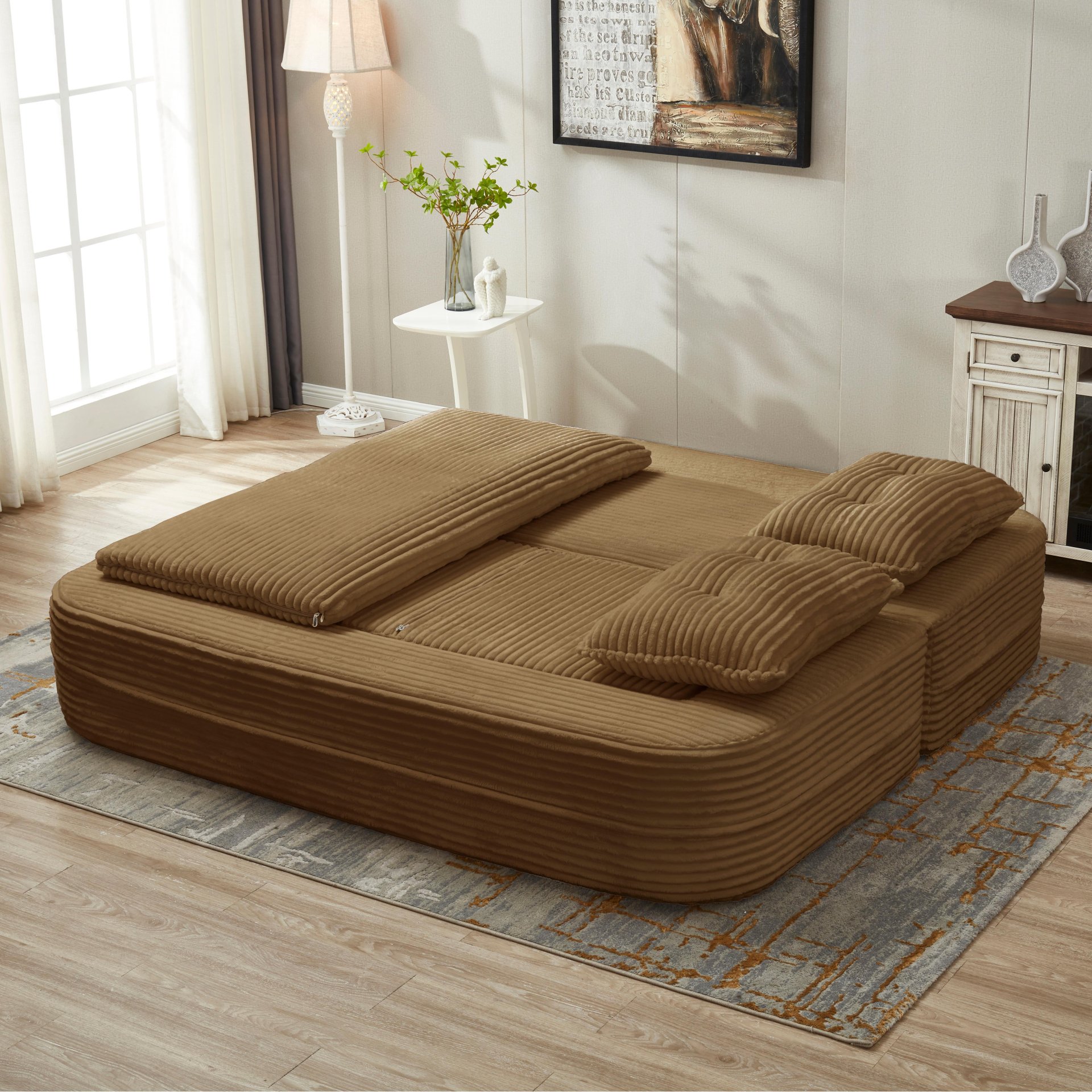 Multi Functional Sectional Sofa Bed With Independent Chaise Lounge And Functional Blanket - Camel - Image 8