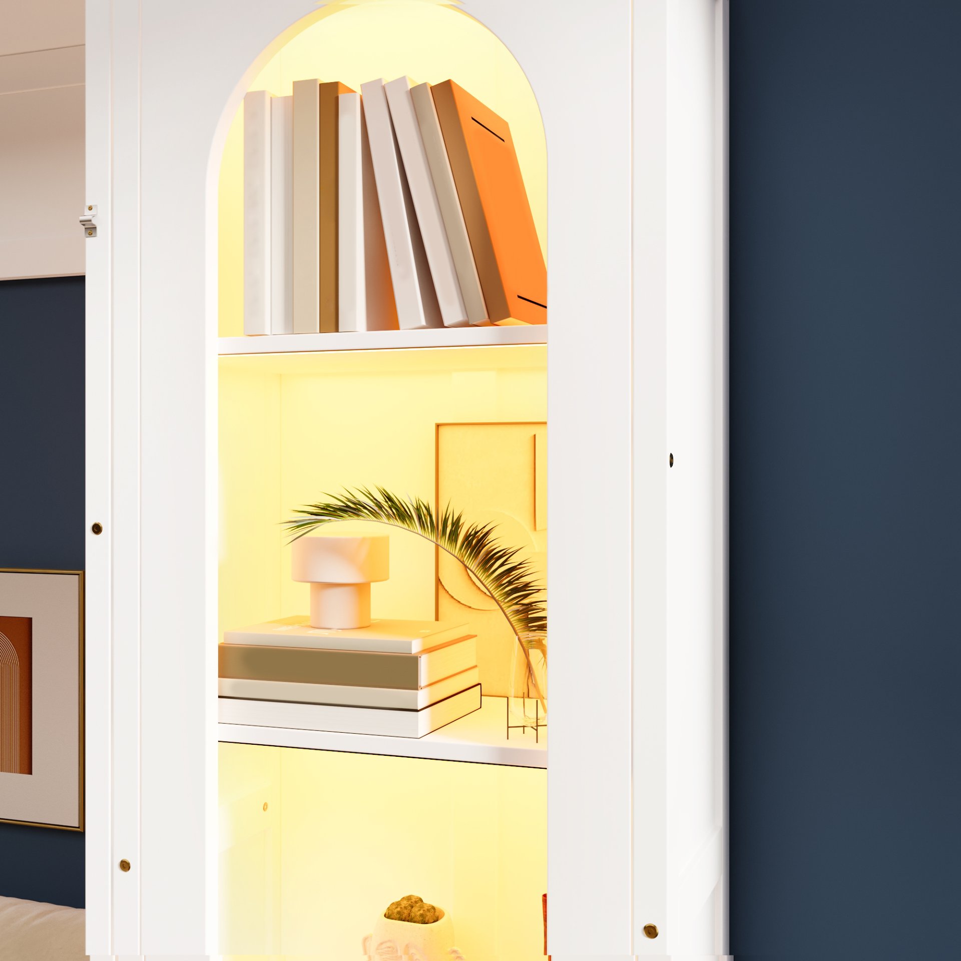 Queen Size Murphy Platform Bed With Shelf, Side Cabinets, Drawers And LED - White - Image 6