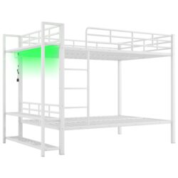 Full Over Full Bunk Bed With LED Light, Mesh Shelves, Clothes Hooks, And Reinforced Guardrails - White