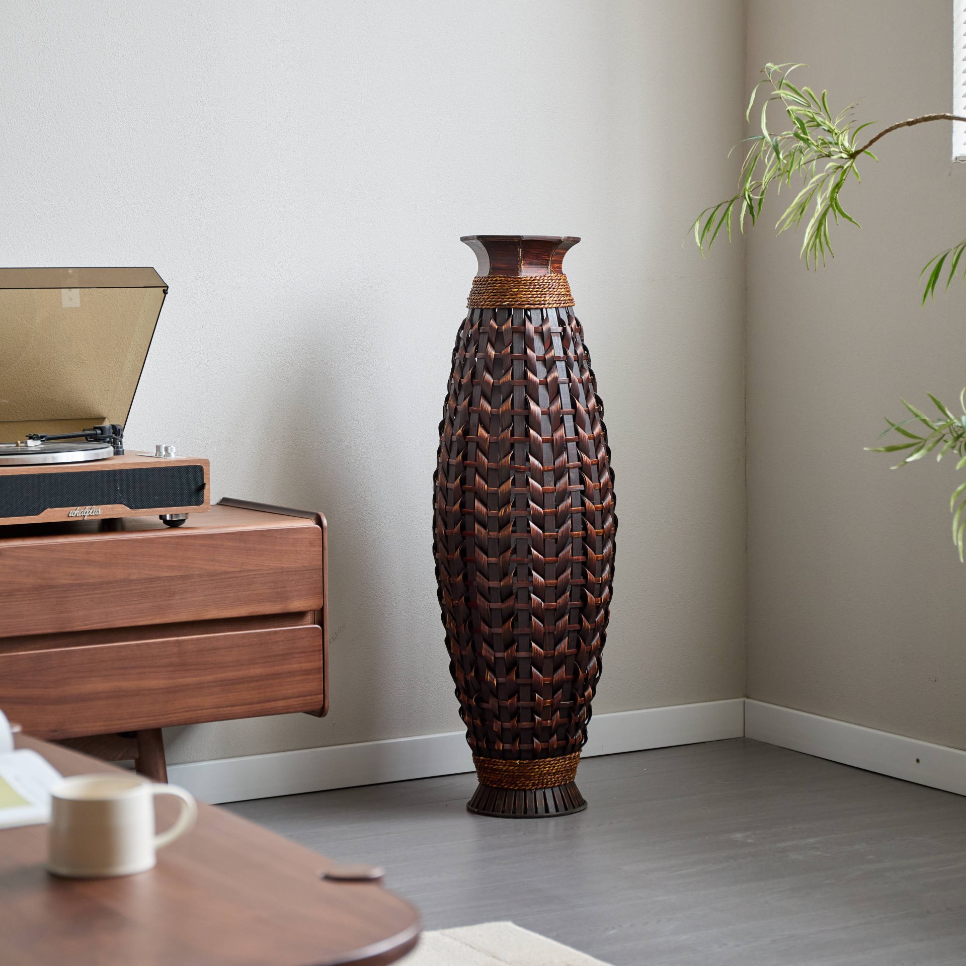 Hand Woven Bamboo Floor Vase, Decorative Accent For Living Room - Acacia Wood - Image 9