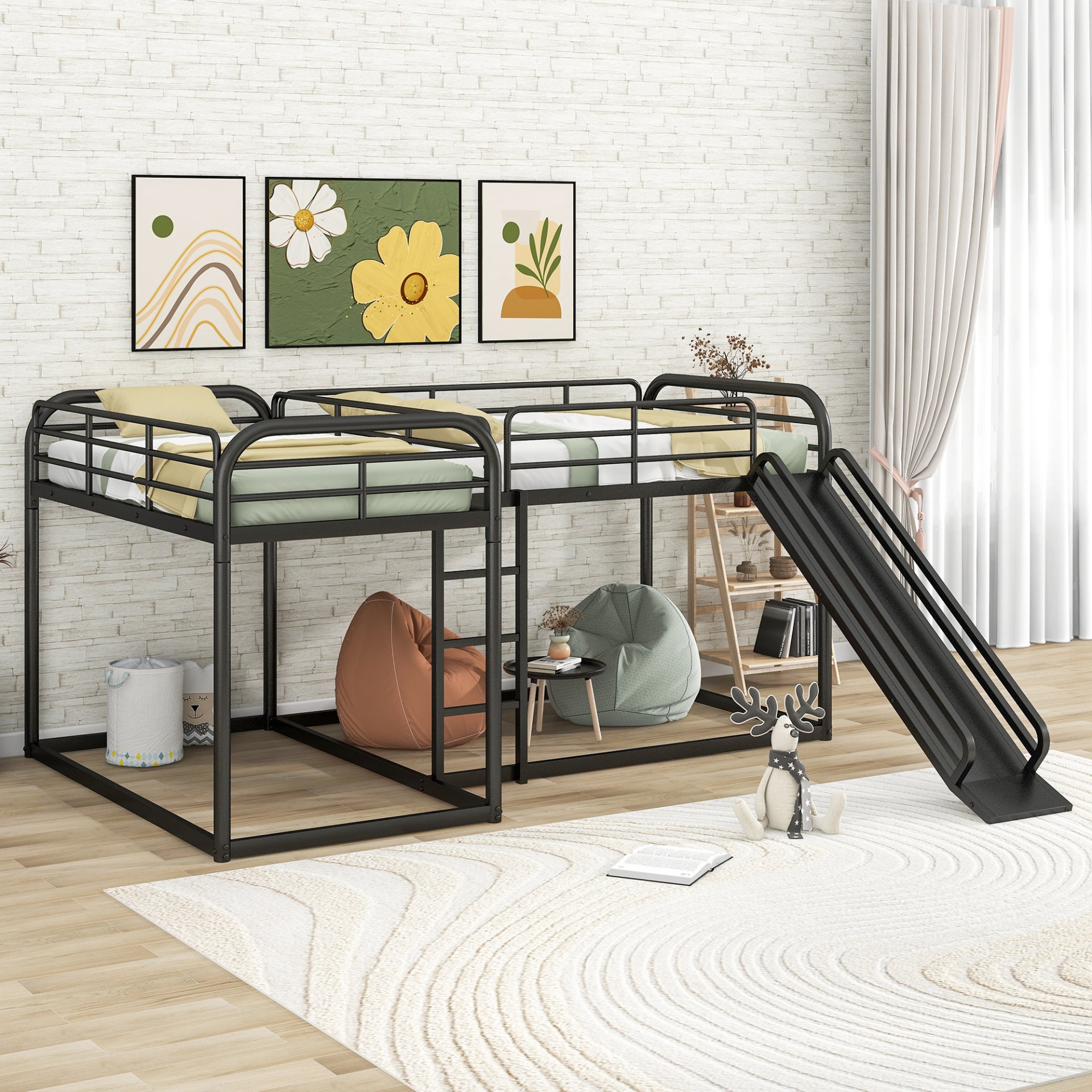 L-Shaped Bunk Bed With Slide And Short Ladder For Full And Twin Size - Black - Image 2