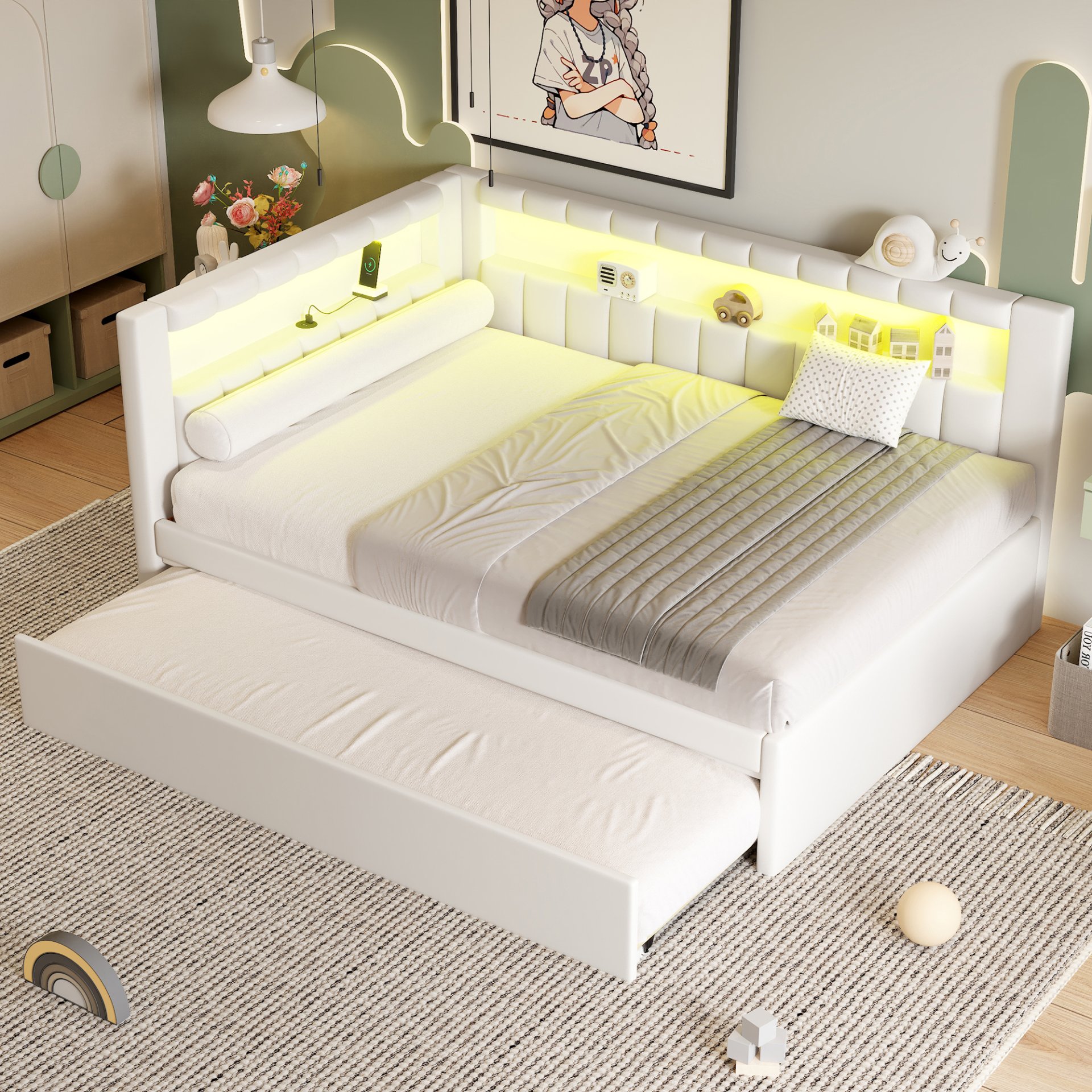Full Size Upholstered Platform Bed With USB Ports, LED Belt And Trundle - White - Image 4