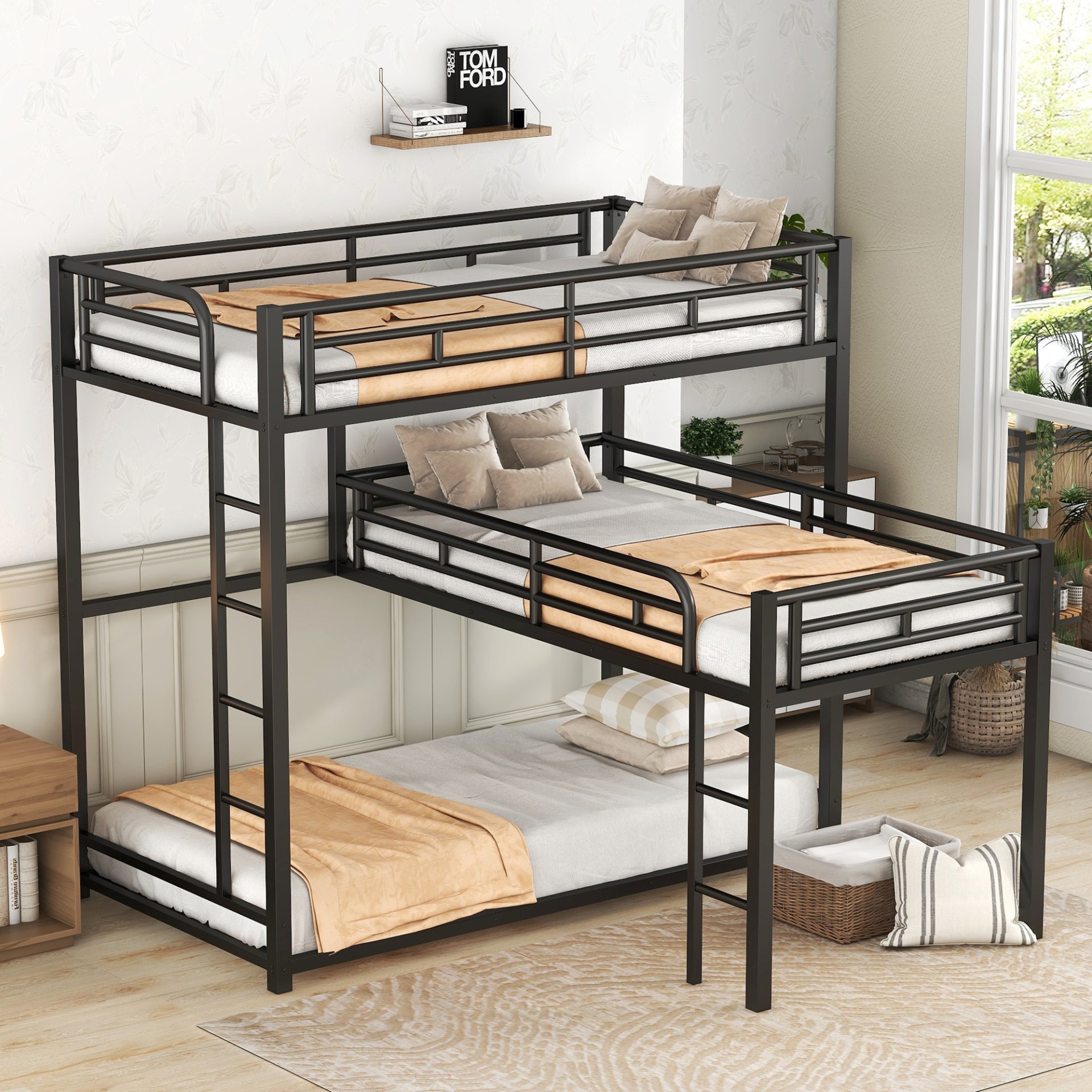 L-Shaped Triple Twin Size Bunk Bed, Industrial Design With Integrated Ladder And Full Length Guardrails - Black - Image 2