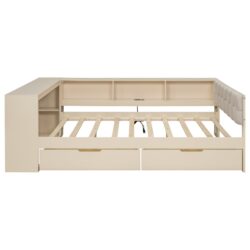 Upholstered Headboard Full Size Platform Bed With Storage Shelves, Drawers, Charging Station - Cream