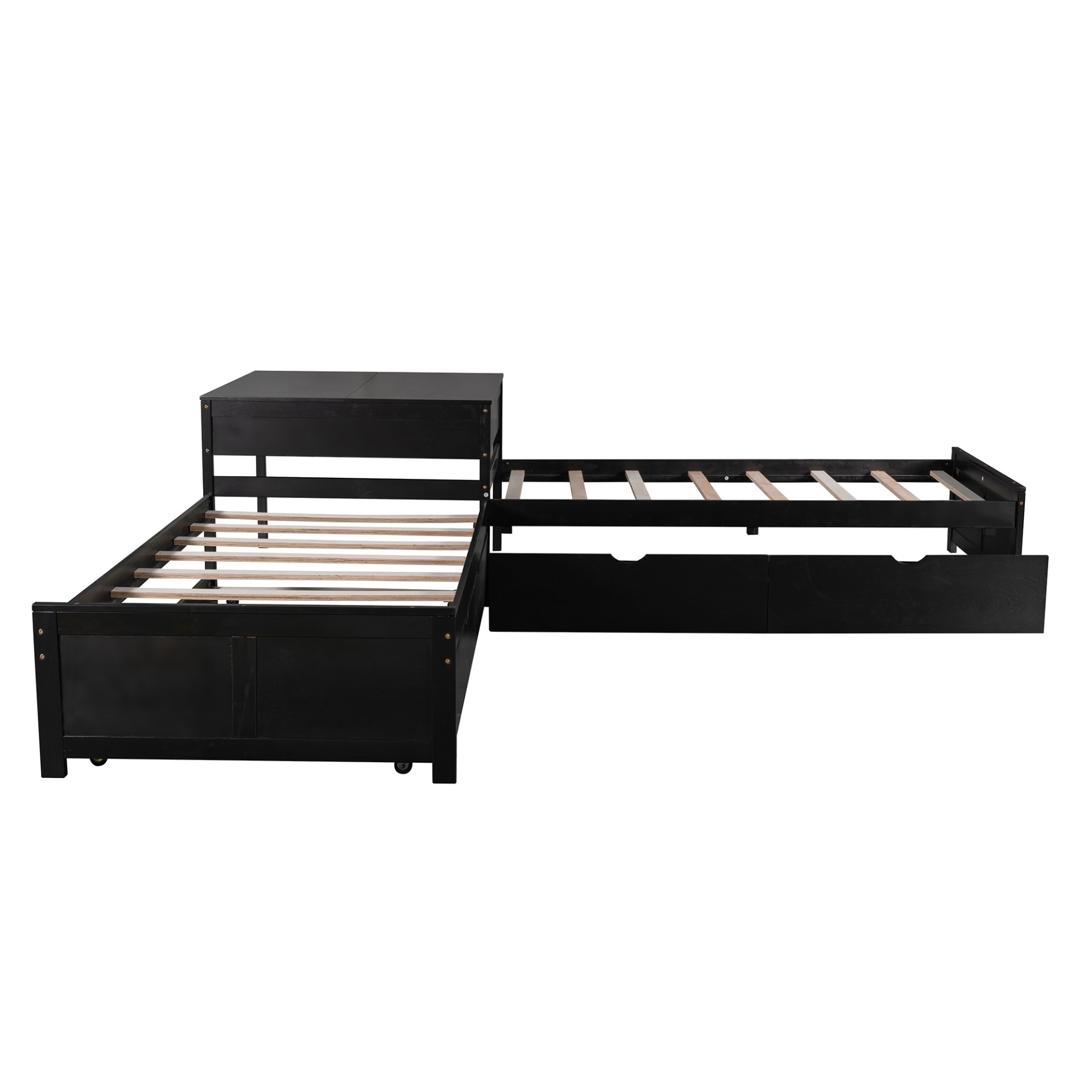 L-Shaped Platform Bed With Trundle And Drawers Linked With Built In Desk, Twin - Espresso - Image 11