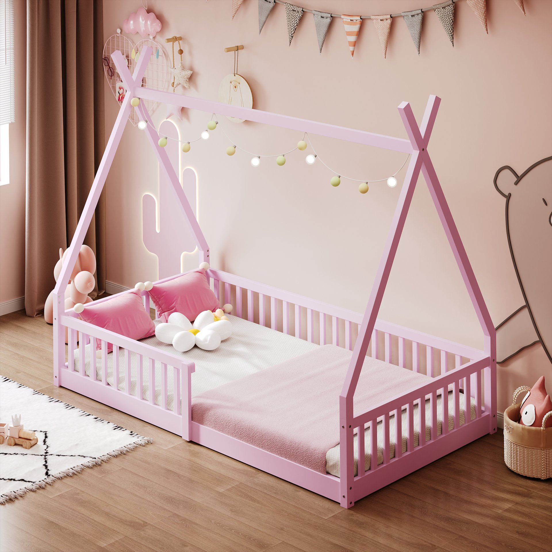 Twin Size House Bed With Fence - Pink - Image 5