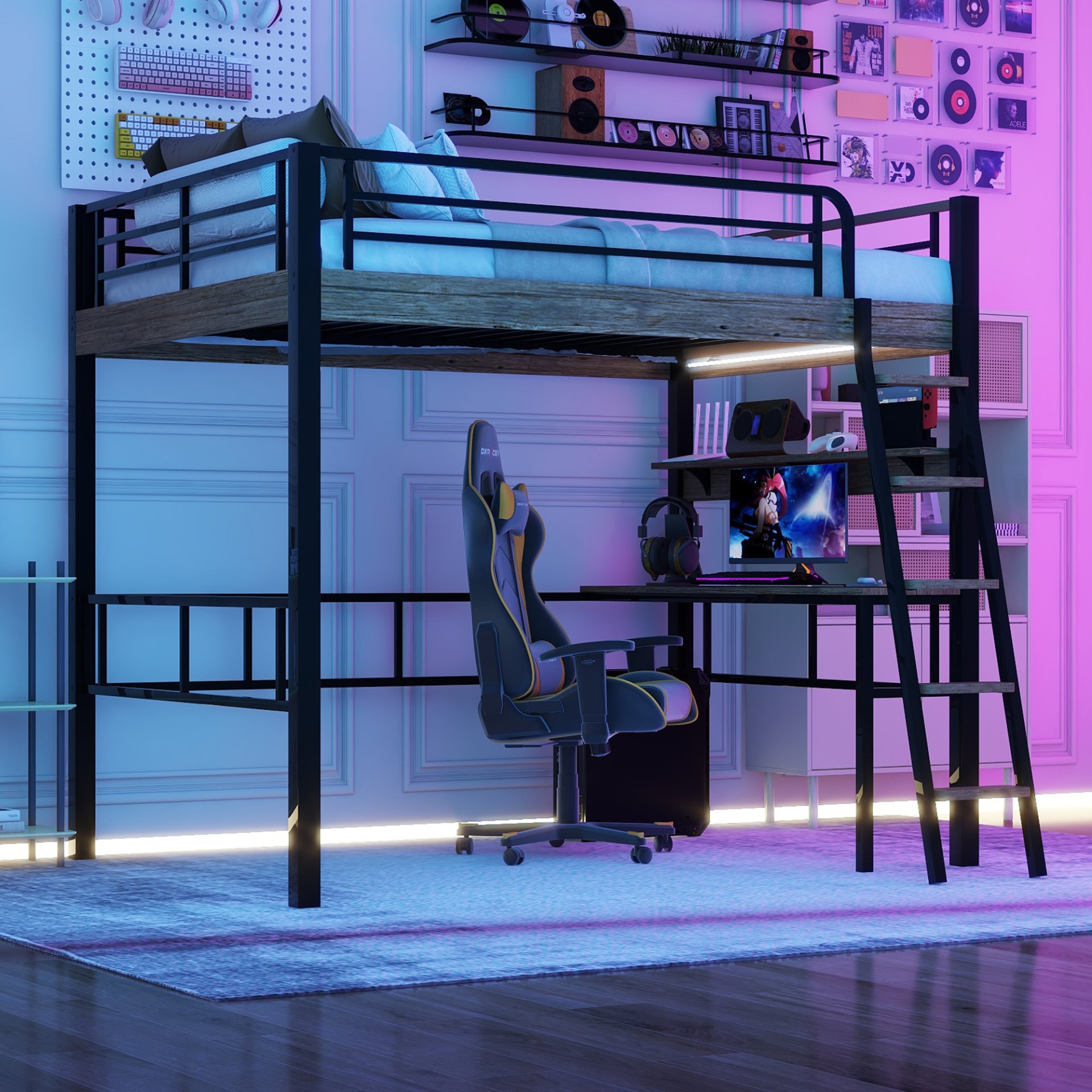 Full Size Loft Bed With LED, Built In Desk, Storage Shelf And Ladder - Black - Image 2