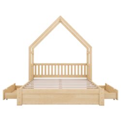 Queen Size House Platform Bed With Guardrail And 2 Drawers - Natural