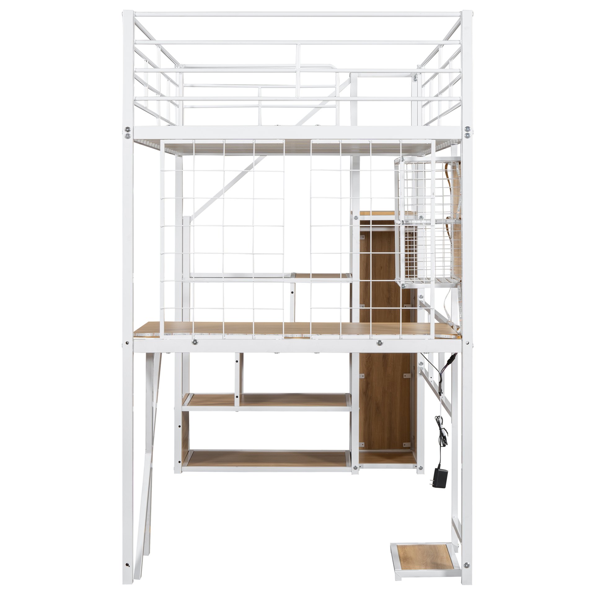 Twin Size Loft Bed With Built In Work Station, Wardrobe, Storage Staircase And LED - White - Image 12