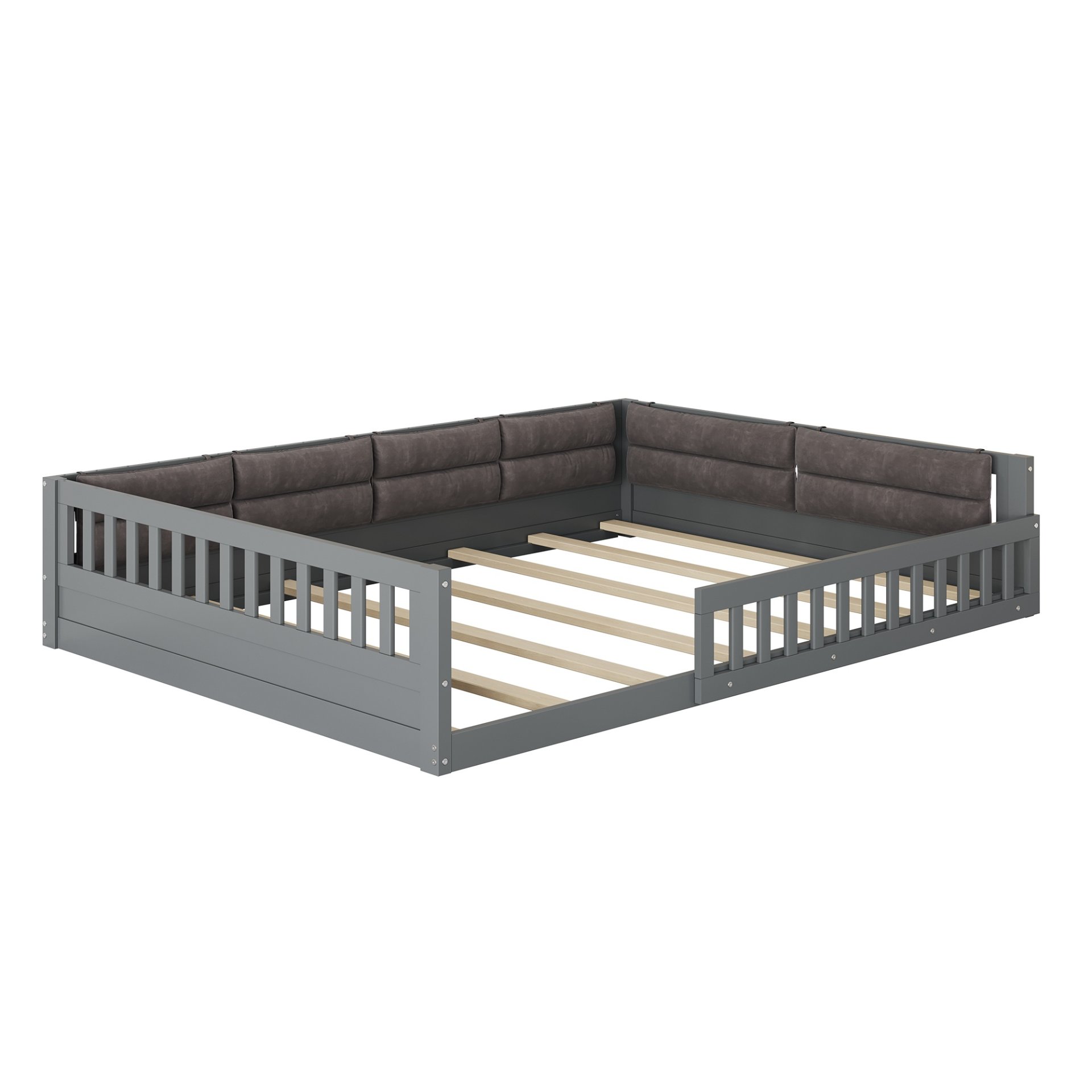 Upholstered Platform Bed With Guardrail And Pillow, Full Size - Gray - Image 9