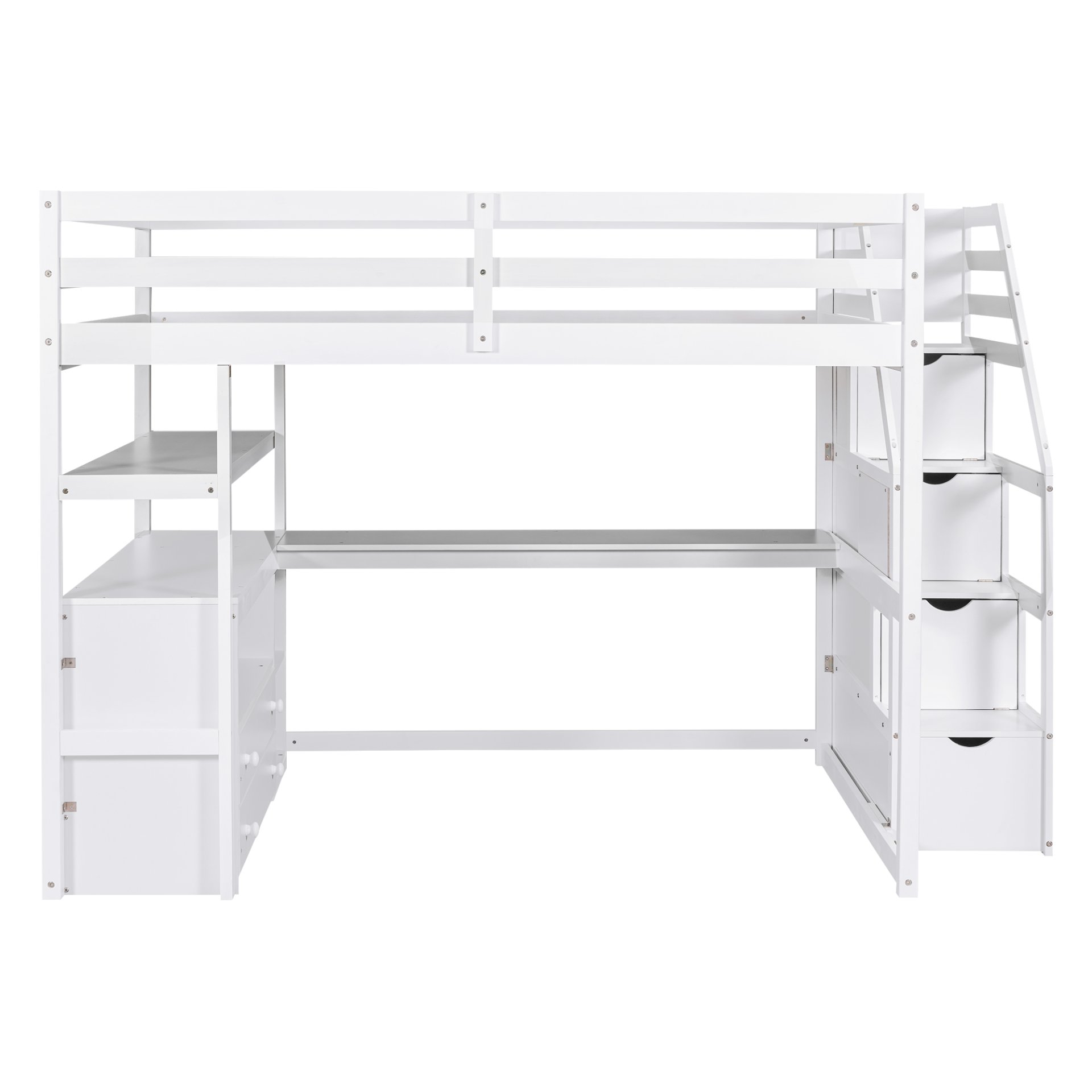 Full Size Loft Bed With Desk, Shelves, 2 Drawers, Storage Staircase - White - Image 9