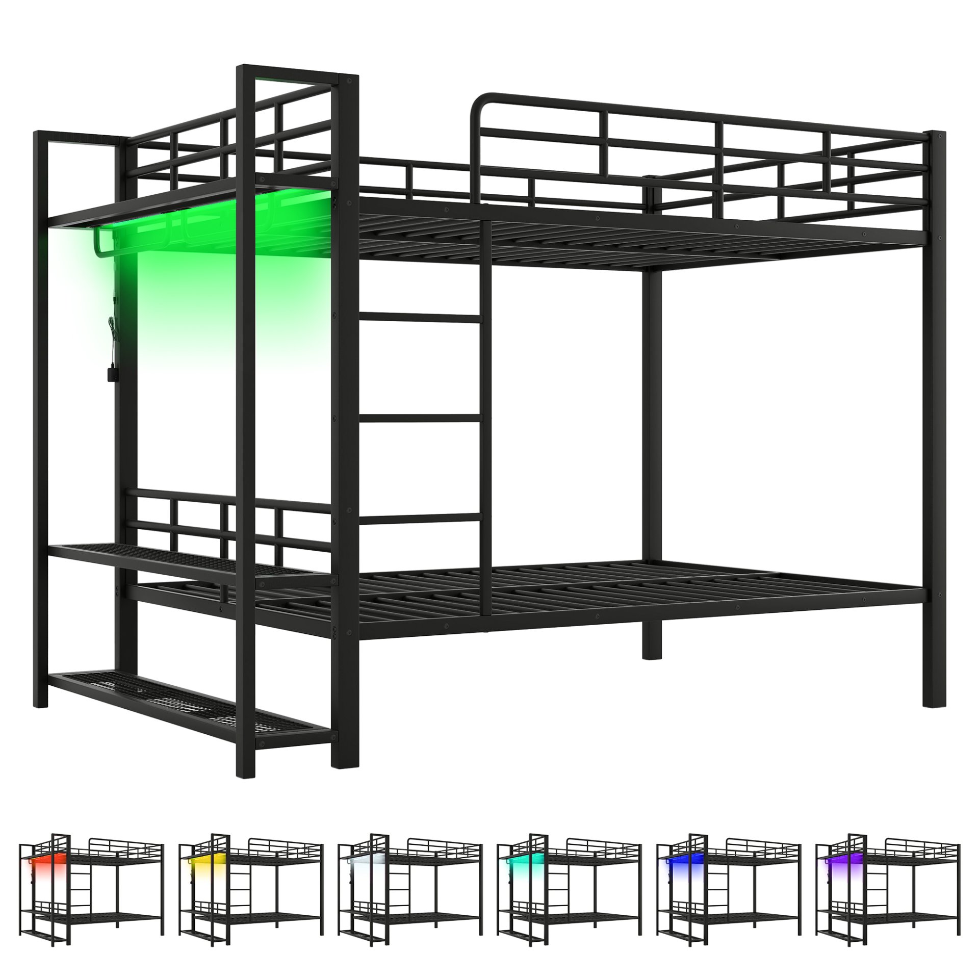 Full Size Bunk Bed With Storage Mesh Shelves, Clothes Hooks, LED Light - Black - Image 9