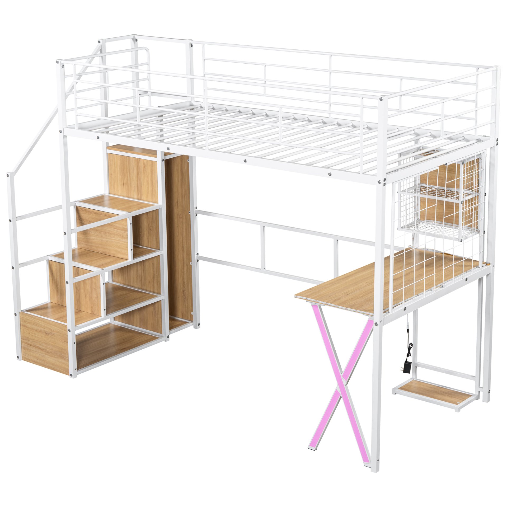 Twin Size Loft Bed With Built In Work Station, Wardrobe, Storage Staircase And LED - White - Image 8