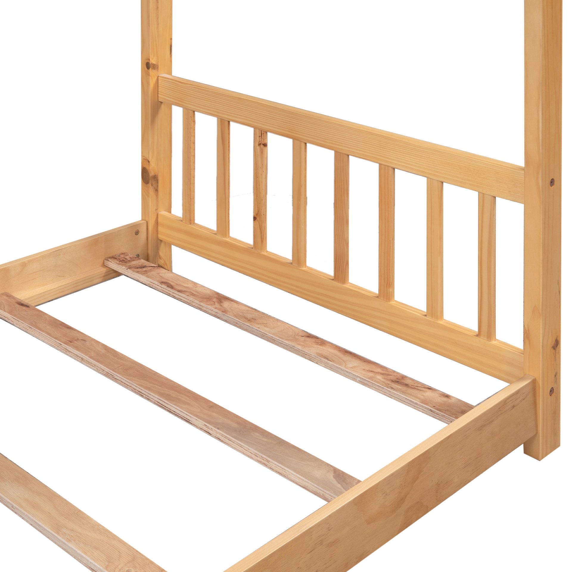 Twin Size House Platform Bed With Headboard And Footboard, Roof Design - Natural - Image 9