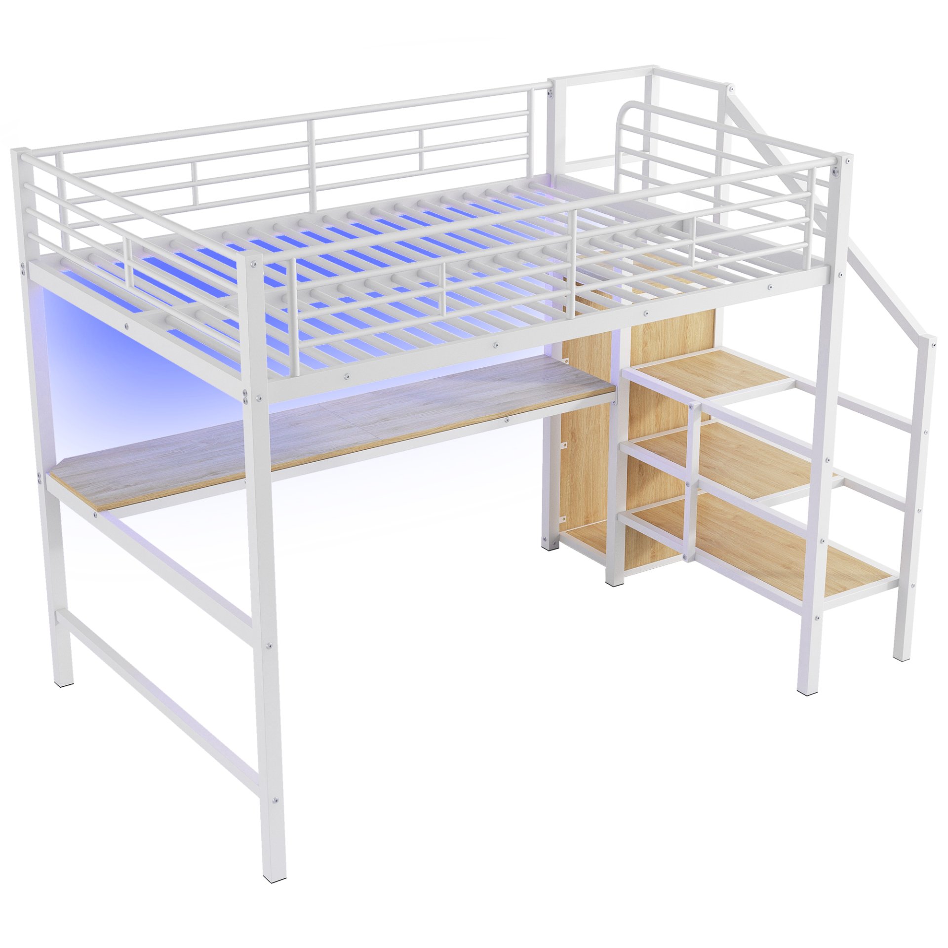 Full Size Loft Bed With Desk, Storage Staircase, Small Wardrobe And LED Light - White - Image 11