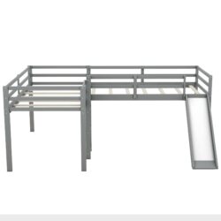 L-Shaped Twin Size Loft Bed With Ladder And Slide - Gray