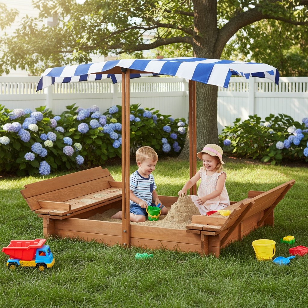 Kids Sandbox With Adjustable Cover, Sand Box With 2 Foldable Bench Seats, Outdoor Sandpit For Backyard Play - Light Brown - Image 7