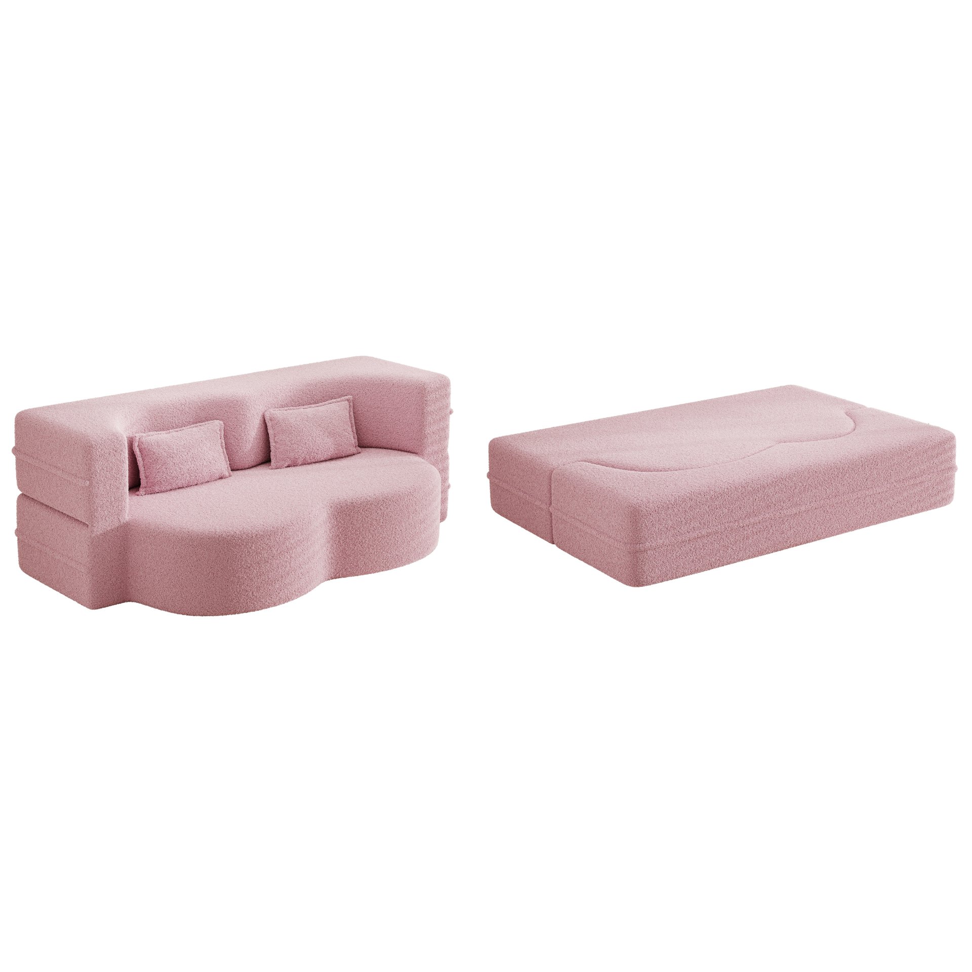 Modern Floor Sofa With 2 Pillows, Convertible Teddy Fabric Foam Filled Sleeper Sofa Bed, Full Size Folding Mattress For Living Room Guest Bed, Playroom, No Assembly Required - Pink - Image 14