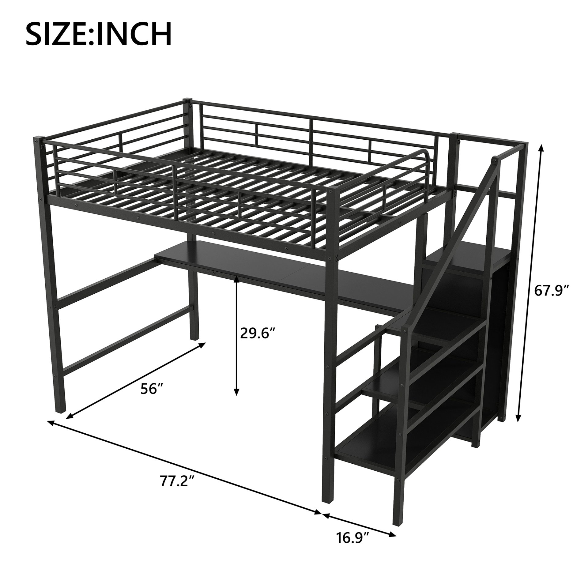 Full Size Loft Bed With Desk, Storage Staircase, Small Wardrobe And LED Light - Black - Image 3