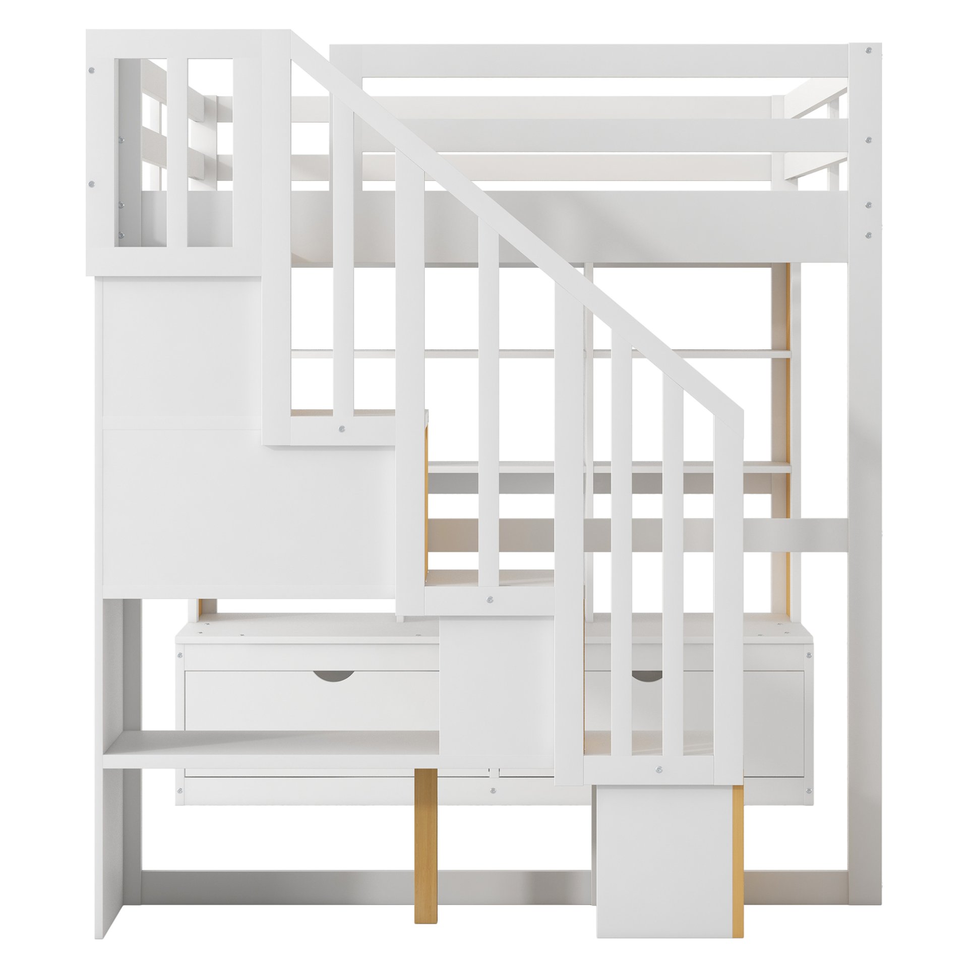 Full Size Loft Bed With Desk And Shelves, 2 Built In Drawers, Storage Staircase - Natural / White - Image 9