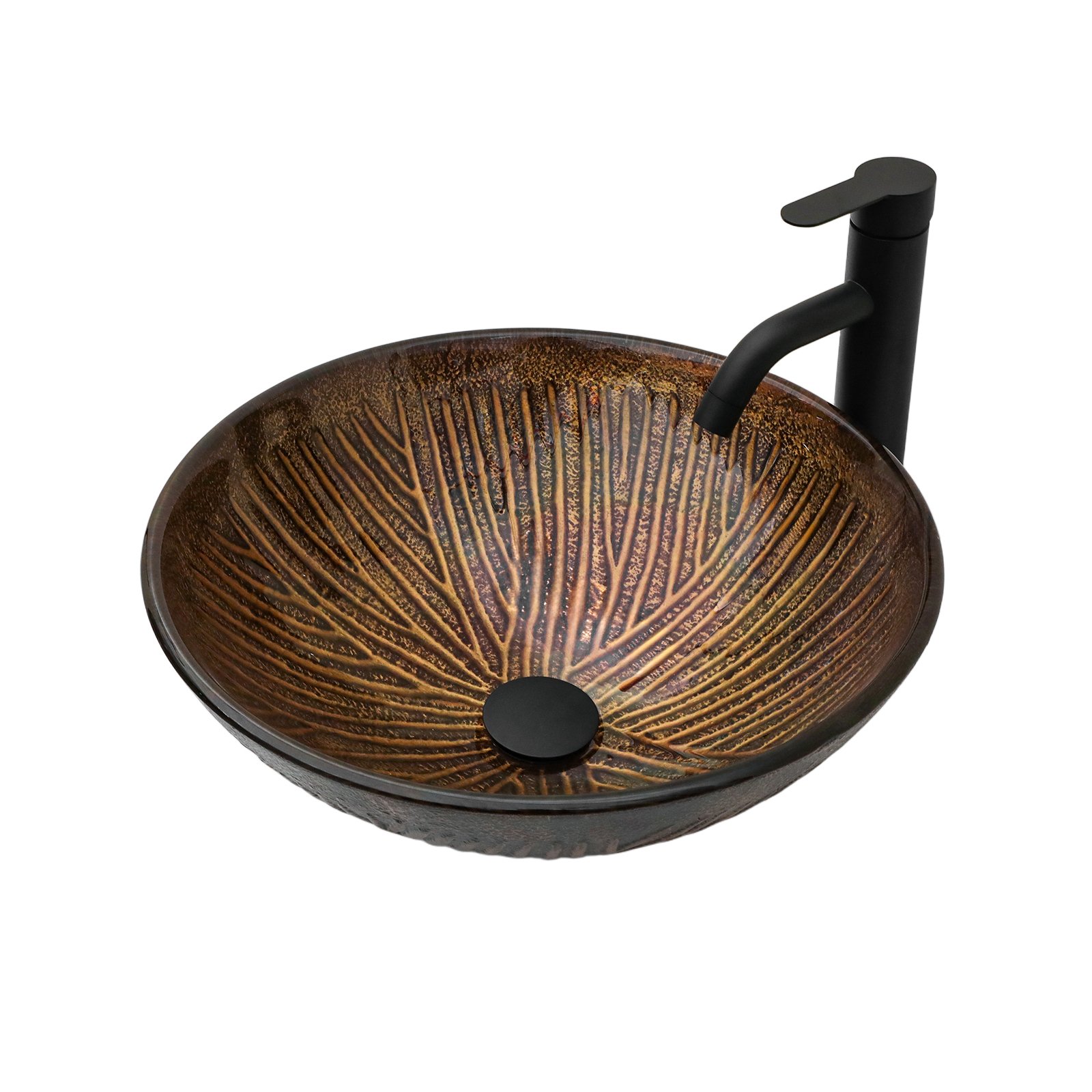 Feather Pattern Amber Vessel Sink With Pop Up Drain, Oval Bathroom Basin - Amber - Image 6