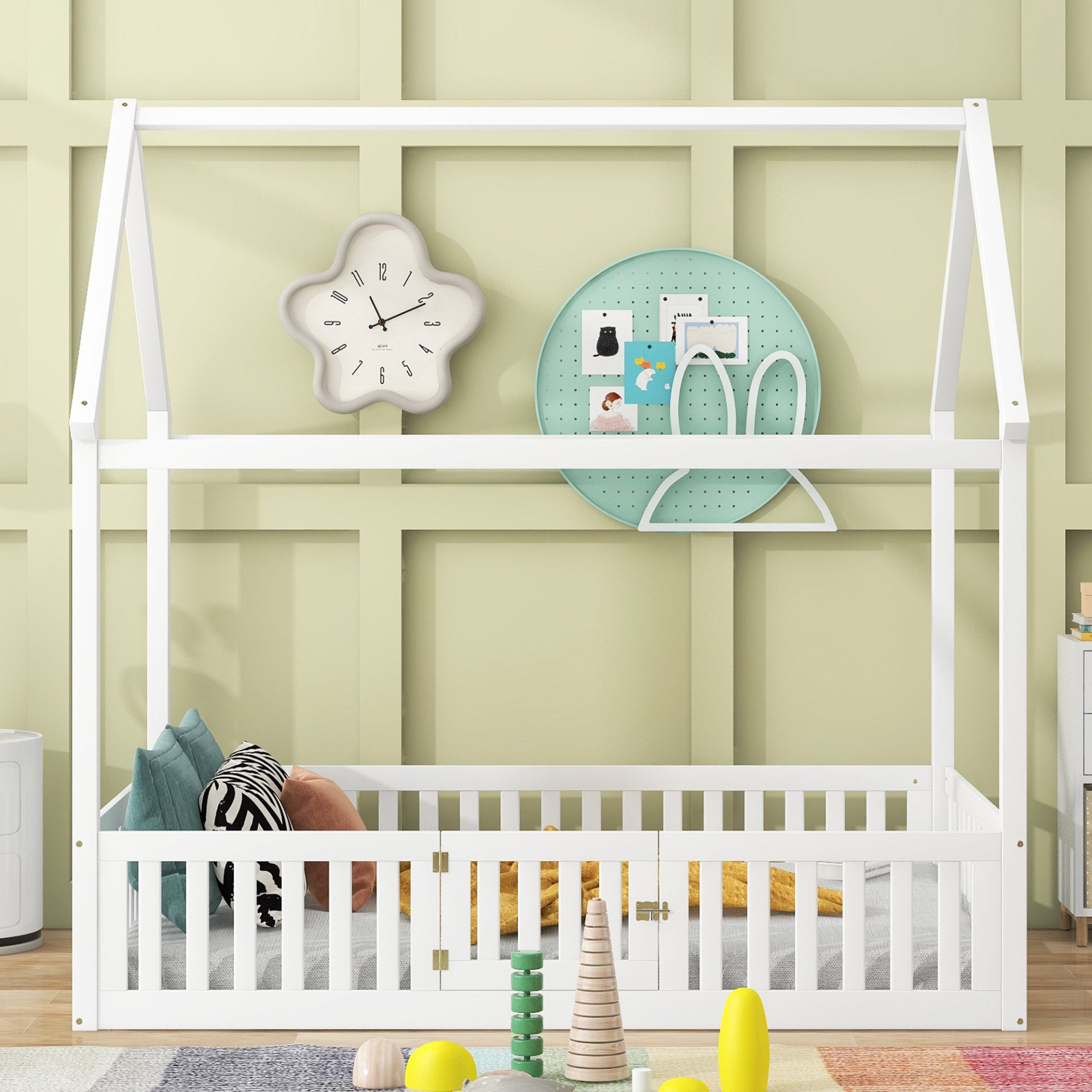 House Shaped Full Size Bed With Fence And Door - White - Image 4