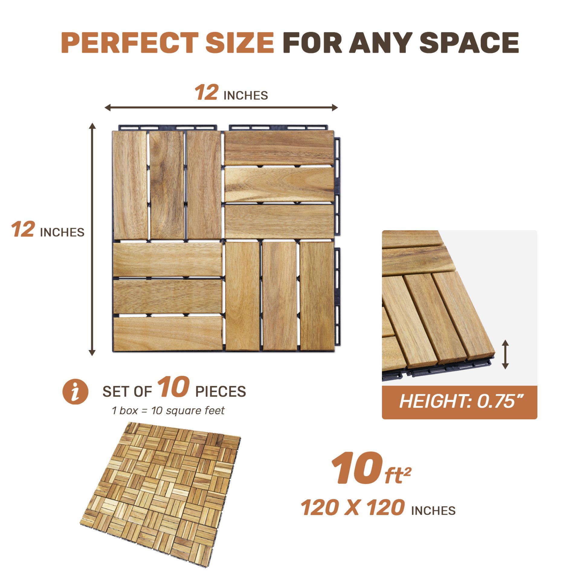 10 Piece Interlocking Deck Tiles Checker Pattern, Square Acacia Hardwood Outdoor Flooring For Patio, Bancony, Pool Side - Yellow - Image 29