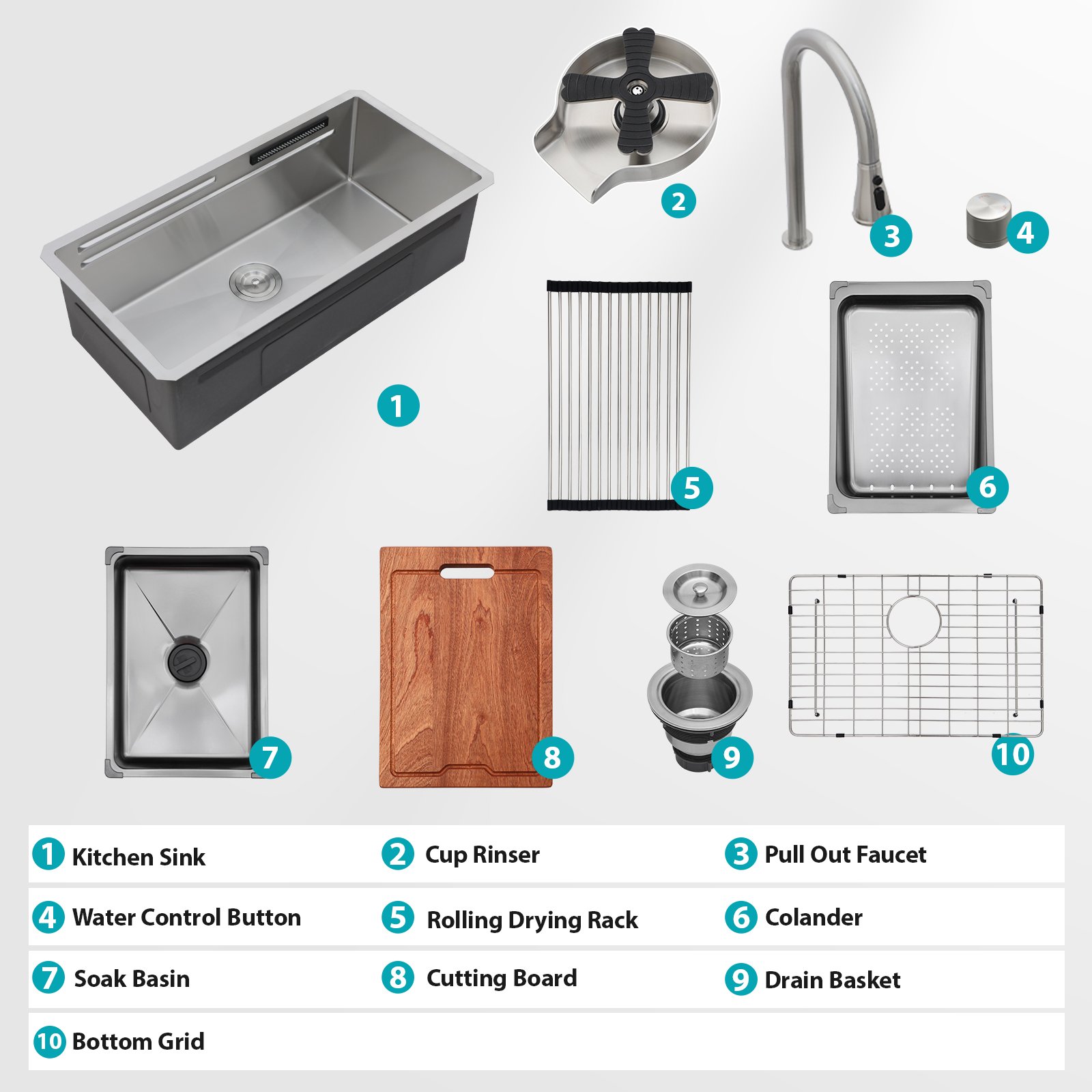 33" Undermount Waterfall Kitchen Sink 16 Gauge T304 Stainless Steel Single Bowl With Pull Down Faucet & Ledge Workstation - Brushed Nickel - Image 11