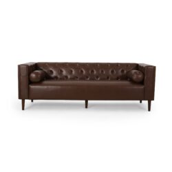 Contemporary 3 Seater Sofa With Tufted Diamond Stitch And Rolled Accent Pillows - Dark Brown