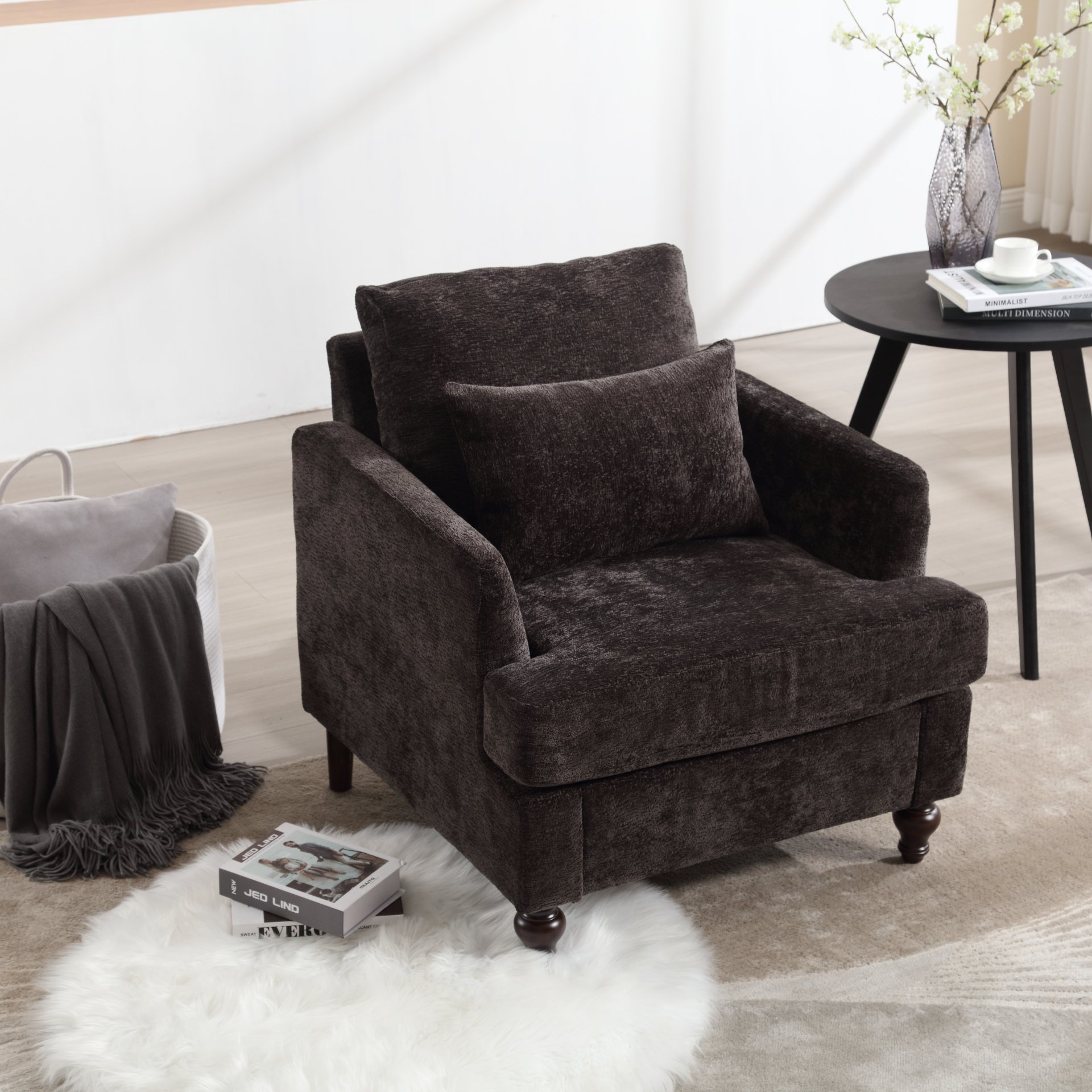 Modern Accent Chair Lounge Chair Chenille Tufted Club Chair Mid Century Arm Chair With Solid Wood Frame - Black - Image 4