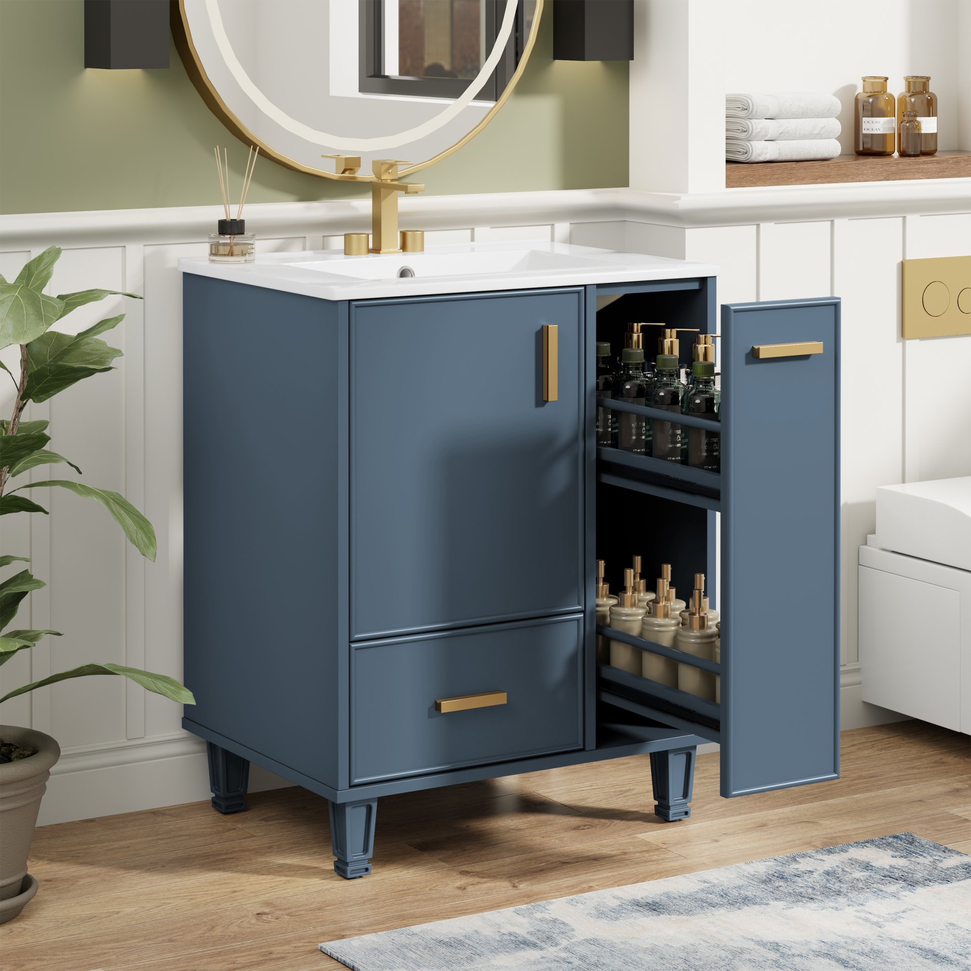 24" Bathroom Vanity With Sink, 1 Door, 2 Drawers, 2 Tier Pull Out Basket - Gray - Image 4