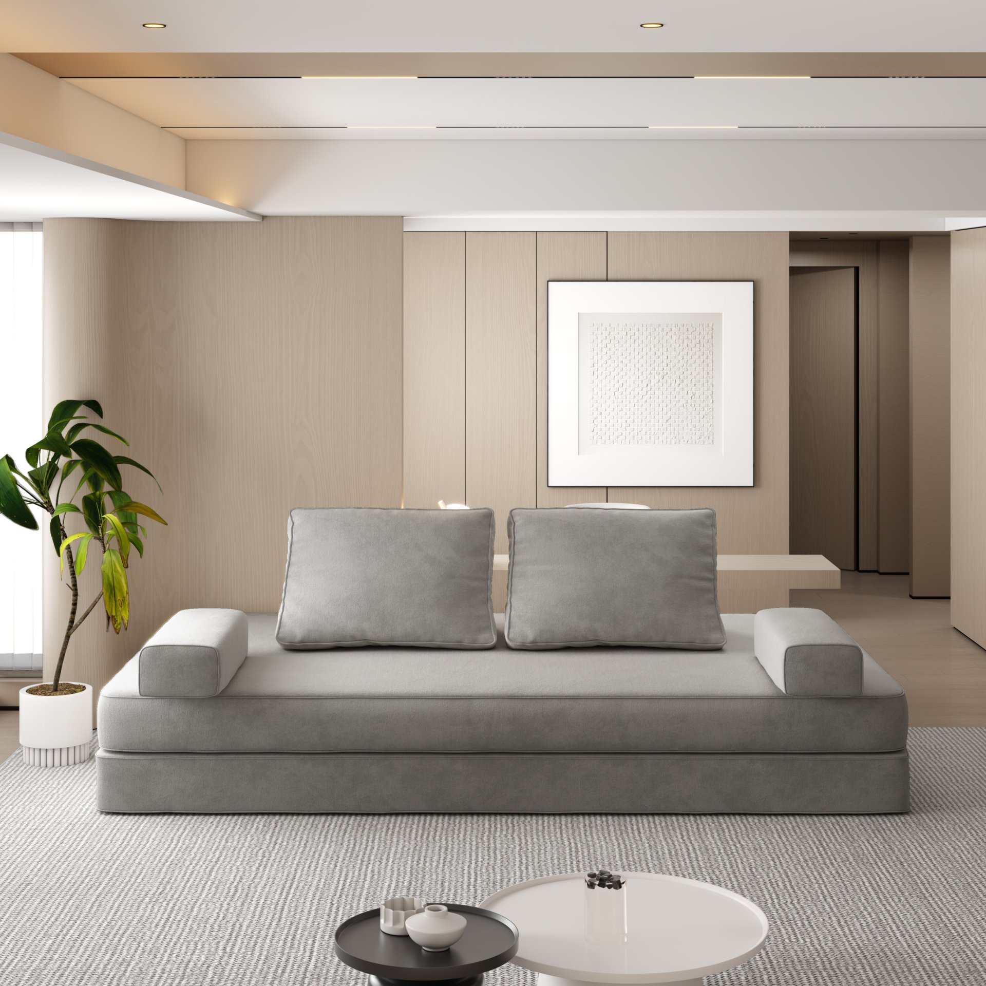 Multifunctional Convertible Sofa Bed With 2 Tumbler Backrests And 2 Pillows, Diy Modern Upholstered Couch - Light Gray - Image 7